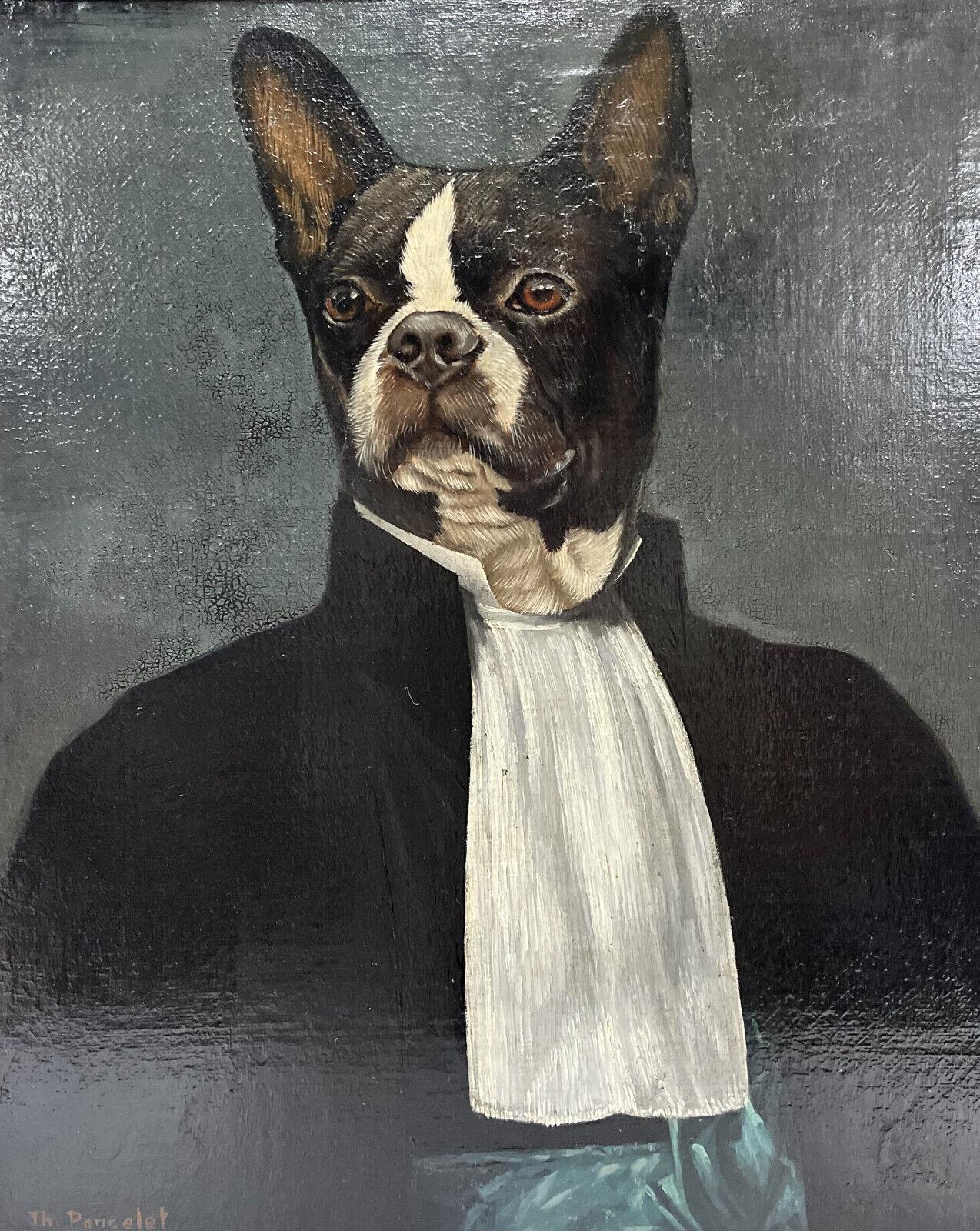 Thierry Poncelet Anthropomorphic Portrait of a Boston Terrier Dog Oil on Canvas

 Thierry Poncelet (Belgian, b. 1946) anthropomorphic portrait of a Boston Terrier dog. Originally mid-19th century or earlier oil on canvas depicting an English
