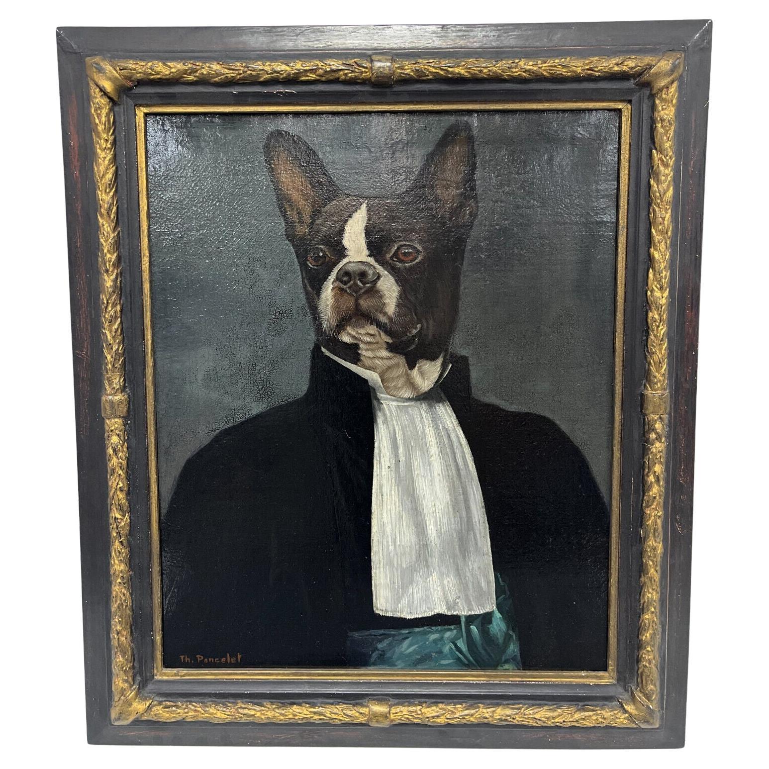 Thierry Poncelet Anthropomorphic Portrait of a Boston Terrier Dog Oil on Canvas
