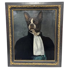 Vintage Thierry Poncelet Anthropomorphic Portrait of a Boston Terrier Dog Oil on Canvas