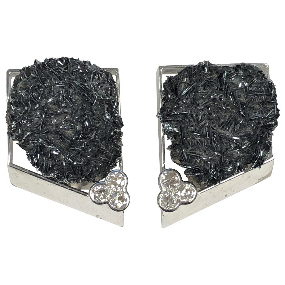 Thierry Vendome Large White Gold Diamond and Hematite Earrings