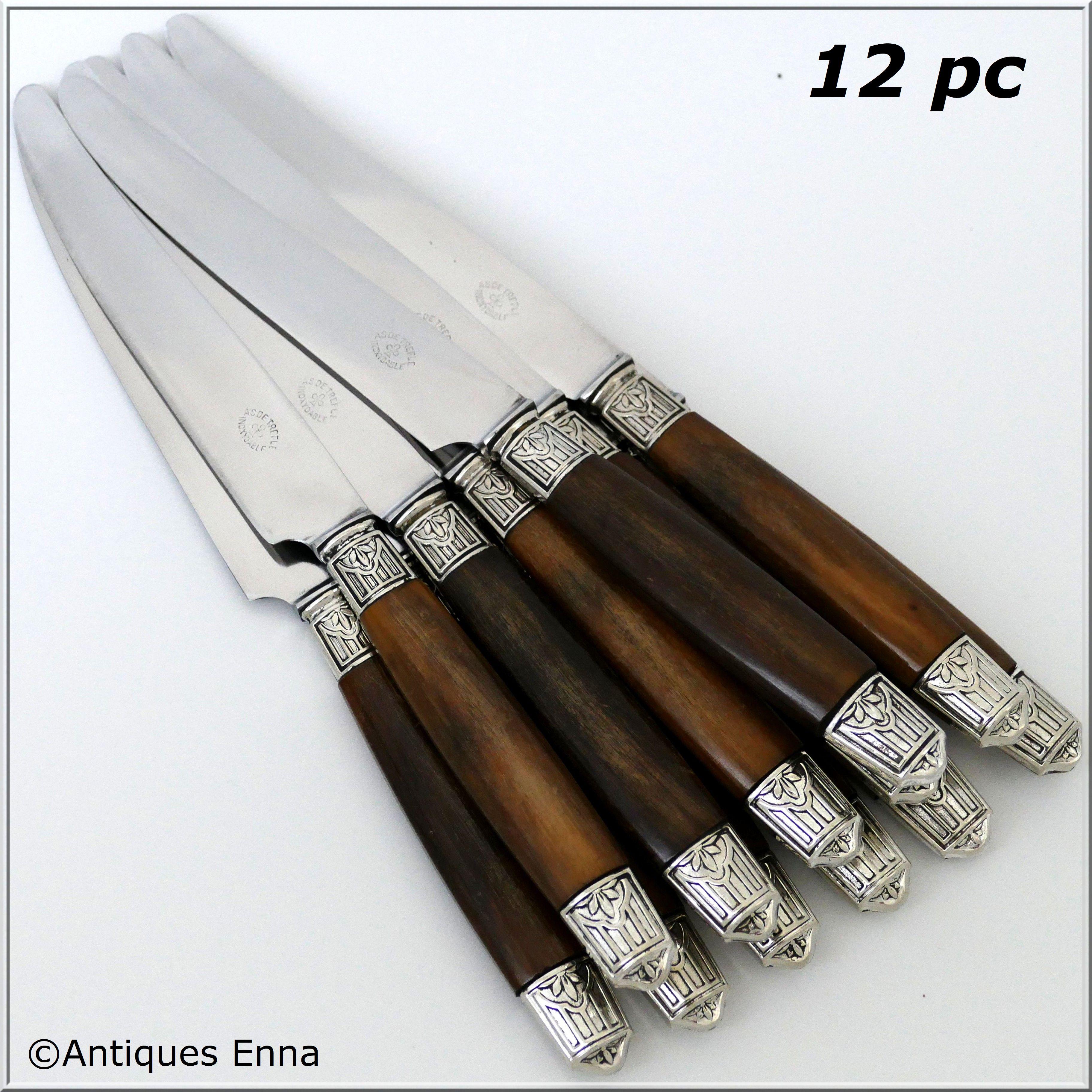 Thiers French Silver Horn Dinner Knife Set of 12 Pieces Art Deco In Good Condition For Sale In TRIAIZE, PAYS DE LOIRE