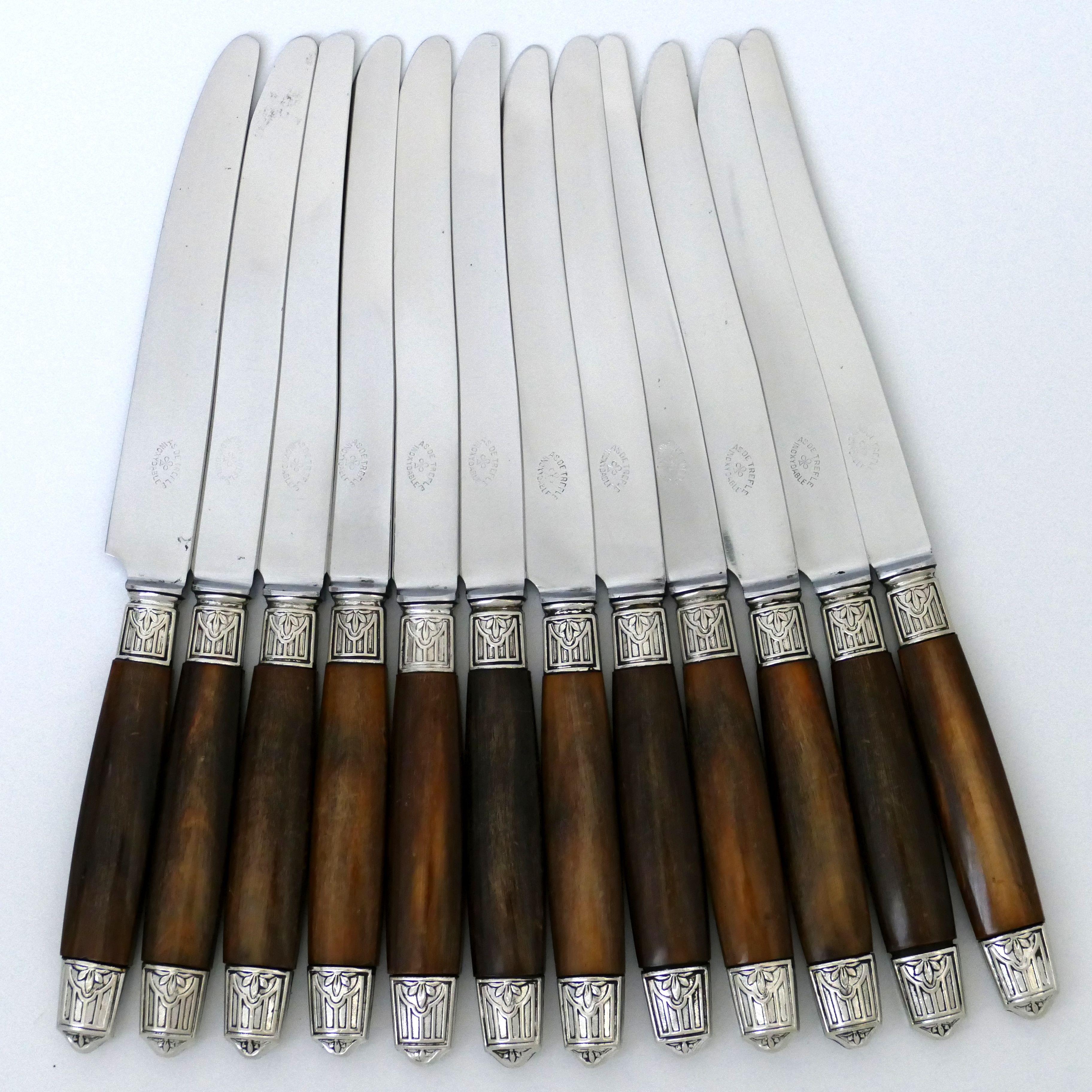Thiers French Silver Horn Dinner Knife Set of 12 Pieces Art Deco For Sale 2
