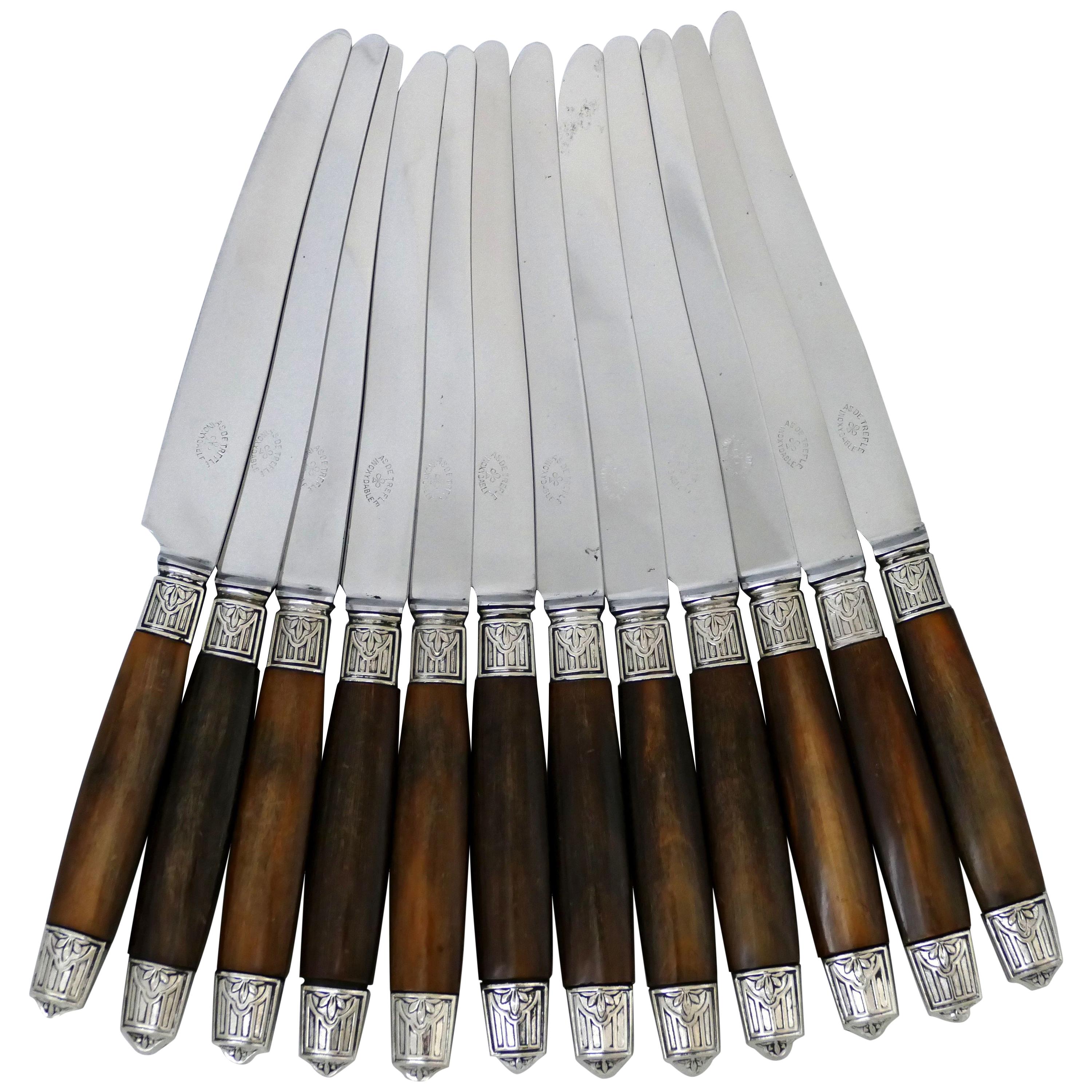 Thiers French Silver Horn Dinner Knife Set of 12 Pieces Art Deco For Sale