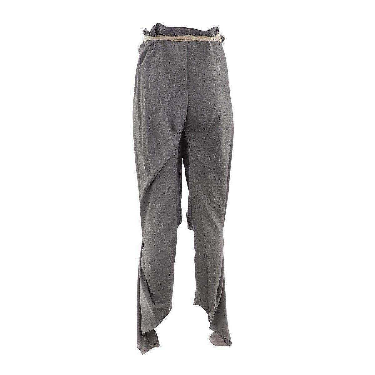 These grey acid-washed silk harem pants from Thimister are easy and flattering, wrapping you like a gift with the beige grosgrain sash and button detail at ankle.