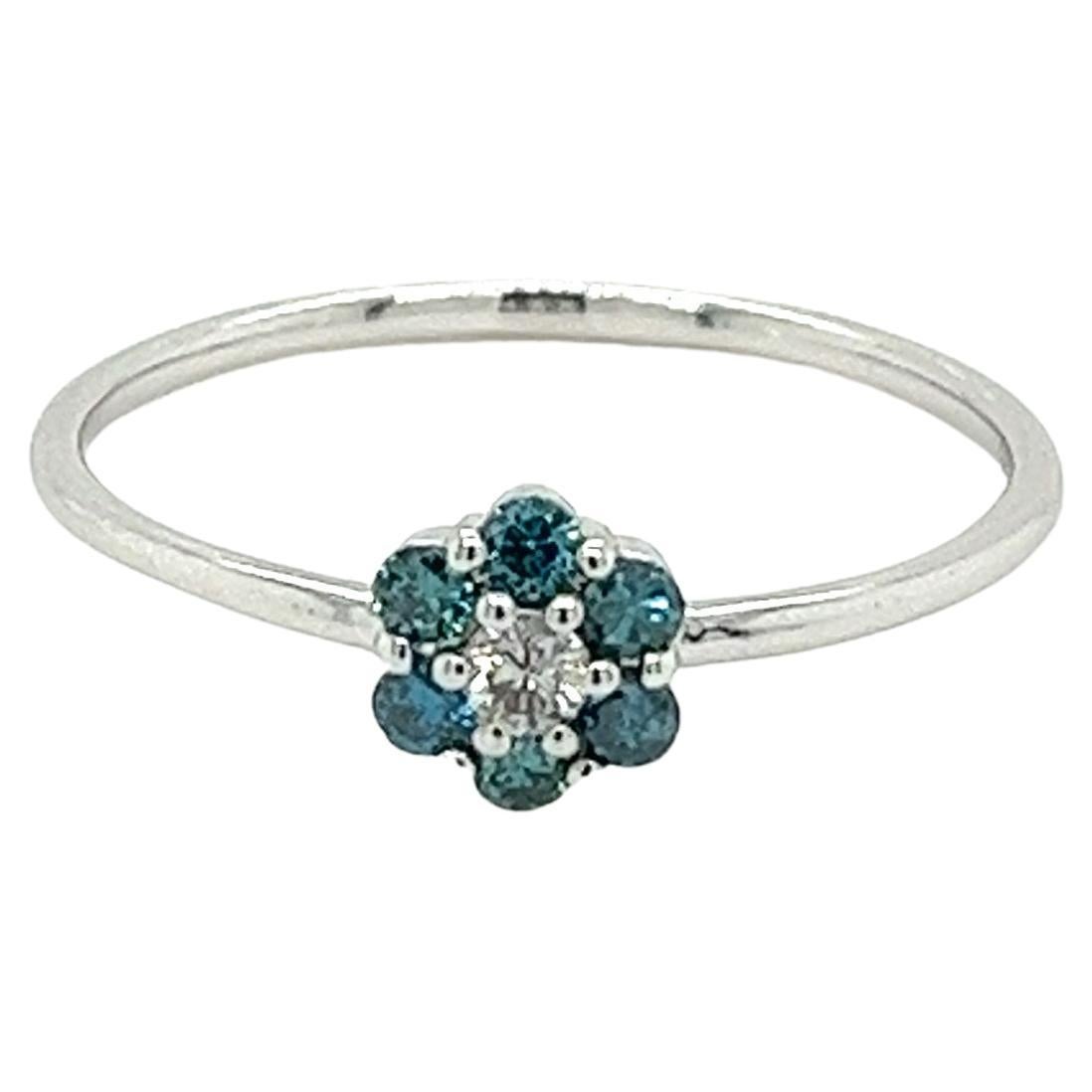 Thin 14k White Gold Daisy Flower Ring with Blue and White Diamonds For Sale