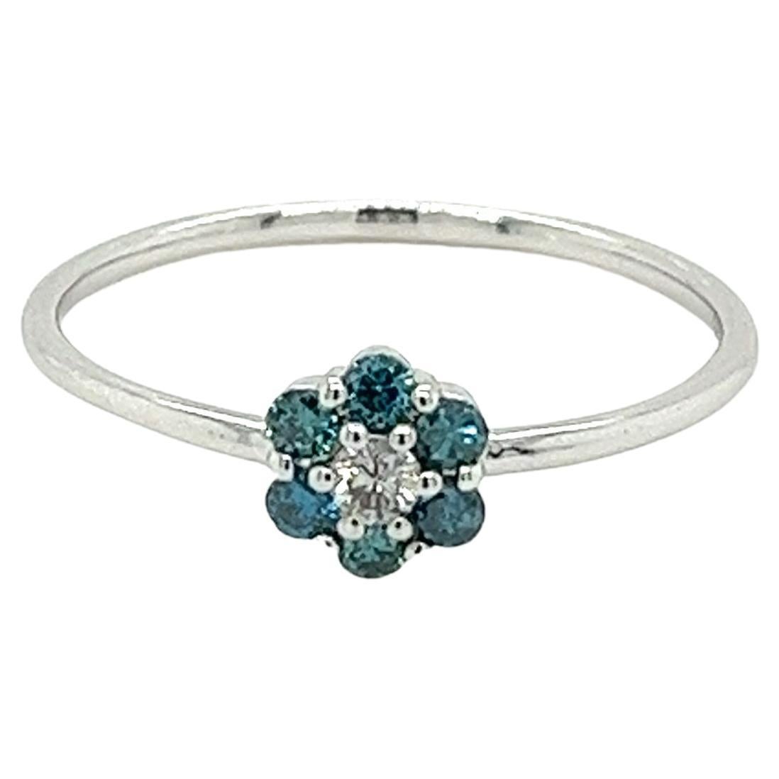 Thin 14k White Gold Daisy Flower Ring with Blue and White Diamonds