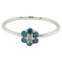 Thin 14k White Gold Daisy Flower Ring with Blue and White Diamonds