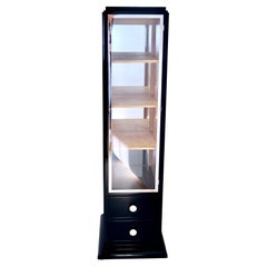 Thin Art Deco Vitrine in Black Lacquer with Mirrored Showcase and Drawers