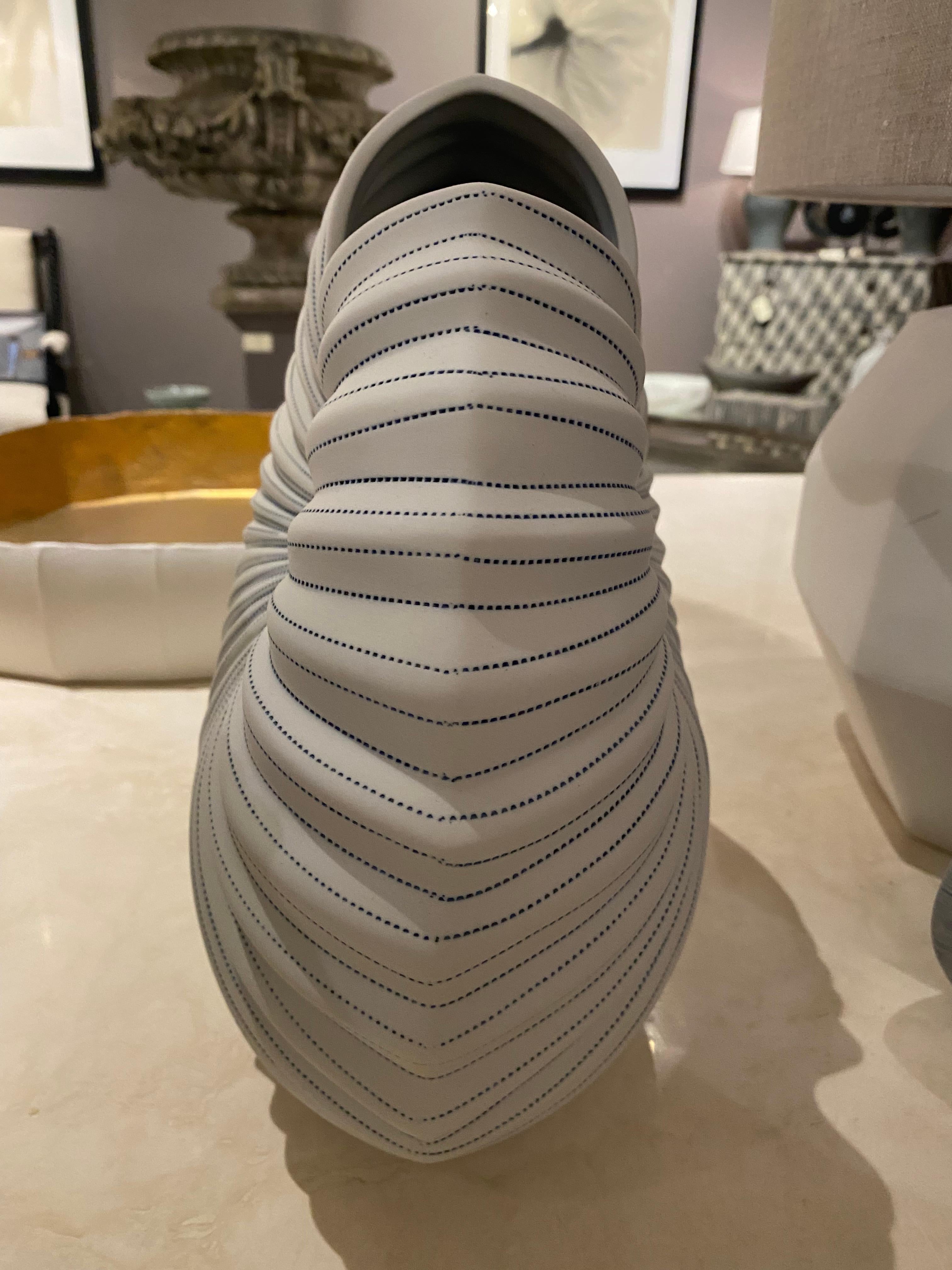Ceramic Thin Blue & White Striped Snail Shaped Vase, Thailand, Contemporary
