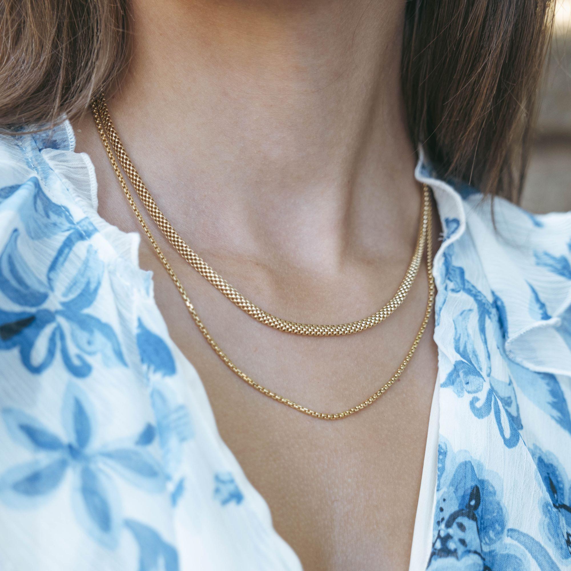 Women's or Men's 14K Solid Gold Thin Box Link Chain Necklace – Minimalist Layering Design For Sale