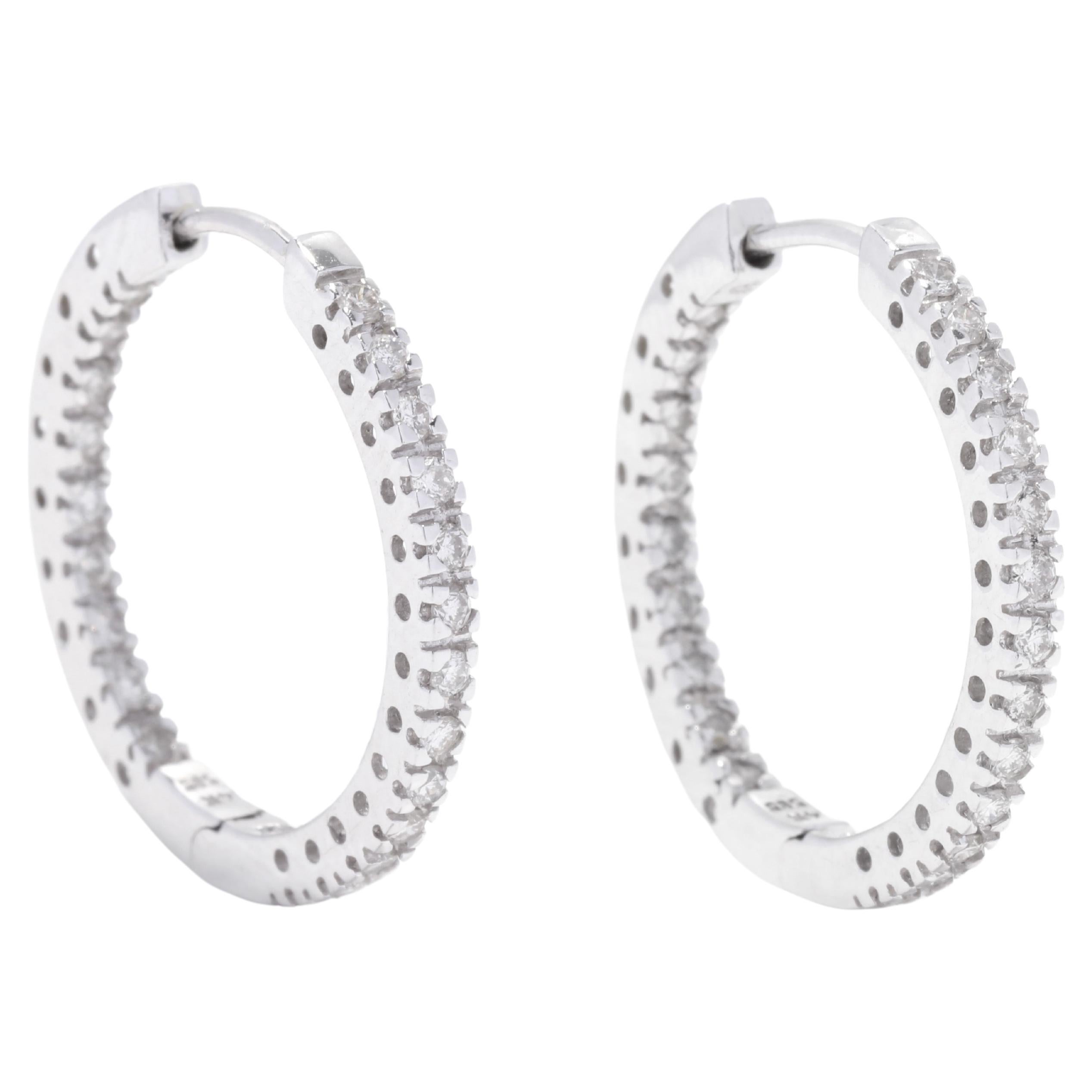 Thin Diamond Inside Outside Hoop Earrings, 14K White Gold