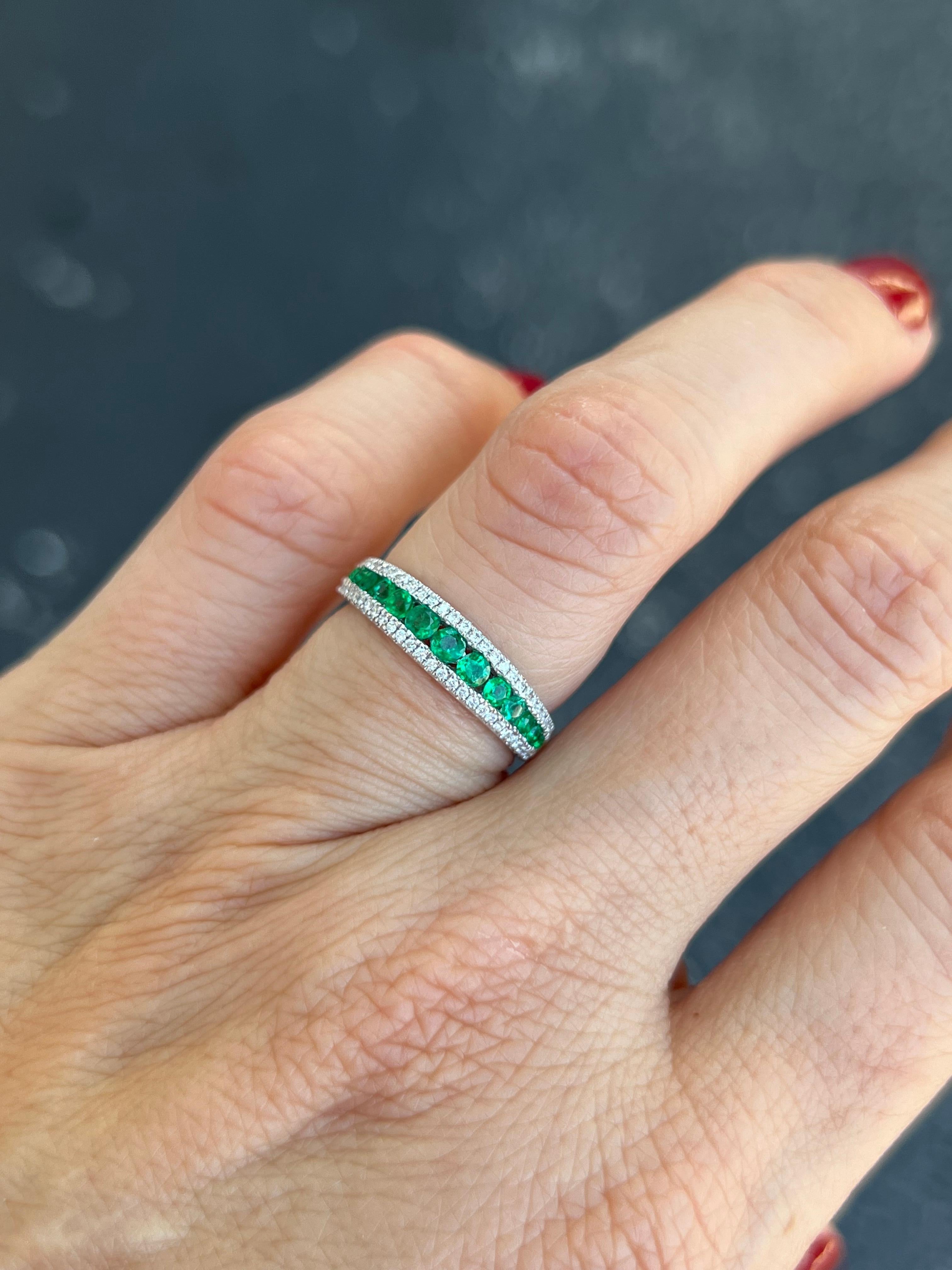 Contemporary Thin Emerald and Diamond Band For Sale