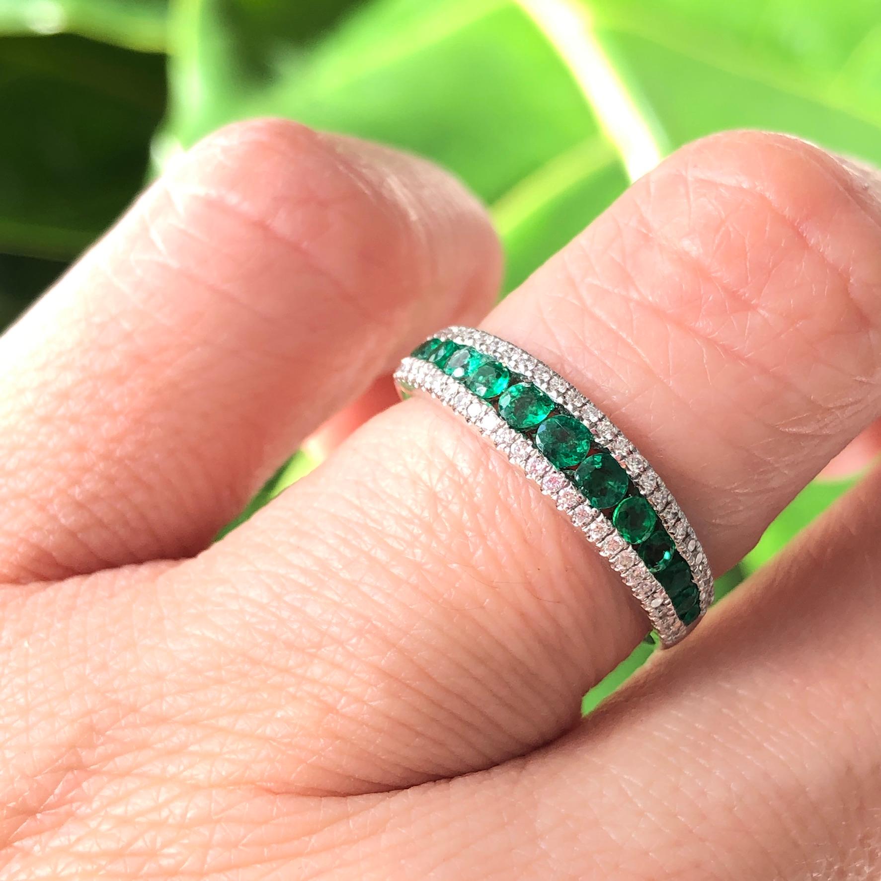 Women's or Men's Thin Emerald and Diamond Band For Sale