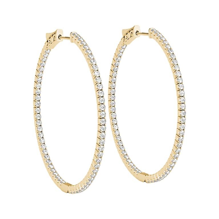 Thin In And Out Diamond Hoop Earring in 14 Karat Yellow Gold For Sale