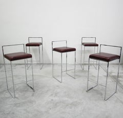 Thin Line Chrome and Leather Bar Stools by Milo Baughman