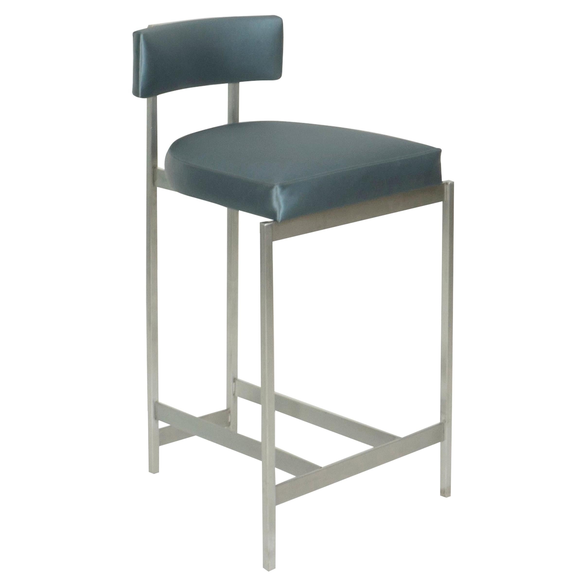 Thin Metal Frame Bar Stool with Metallic Vinyl Seat For Sale