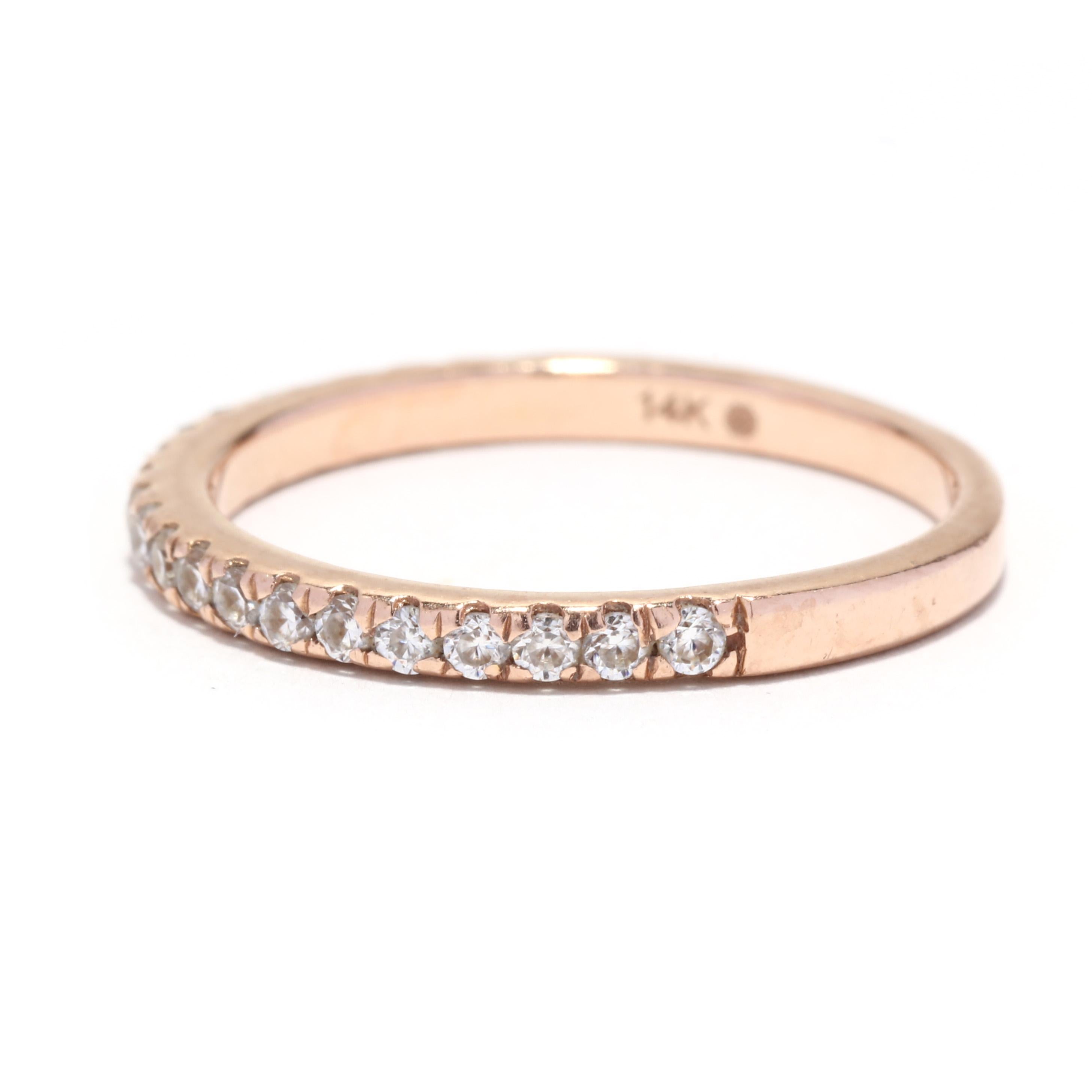 Thin Moissanite Wedding Band, 14K Rose Gold, Stackable In Good Condition In McLeansville, NC