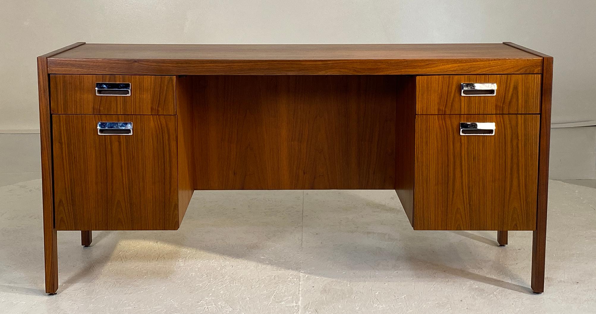 Mid-Century Modern Thin Profile Walnut Desk with Chrome Accents For Sale
