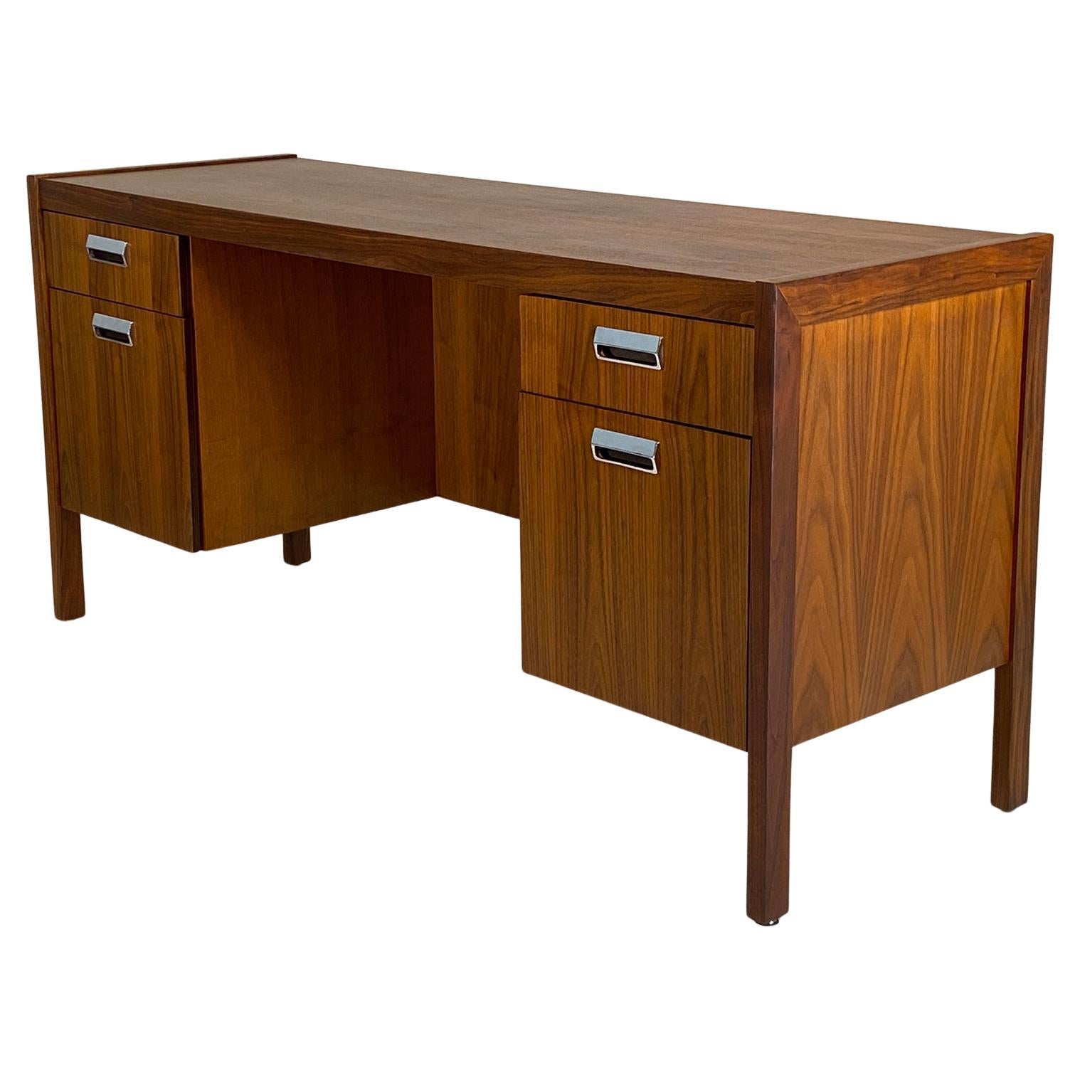 Thin Profile Walnut Desk with Chrome Accents For Sale