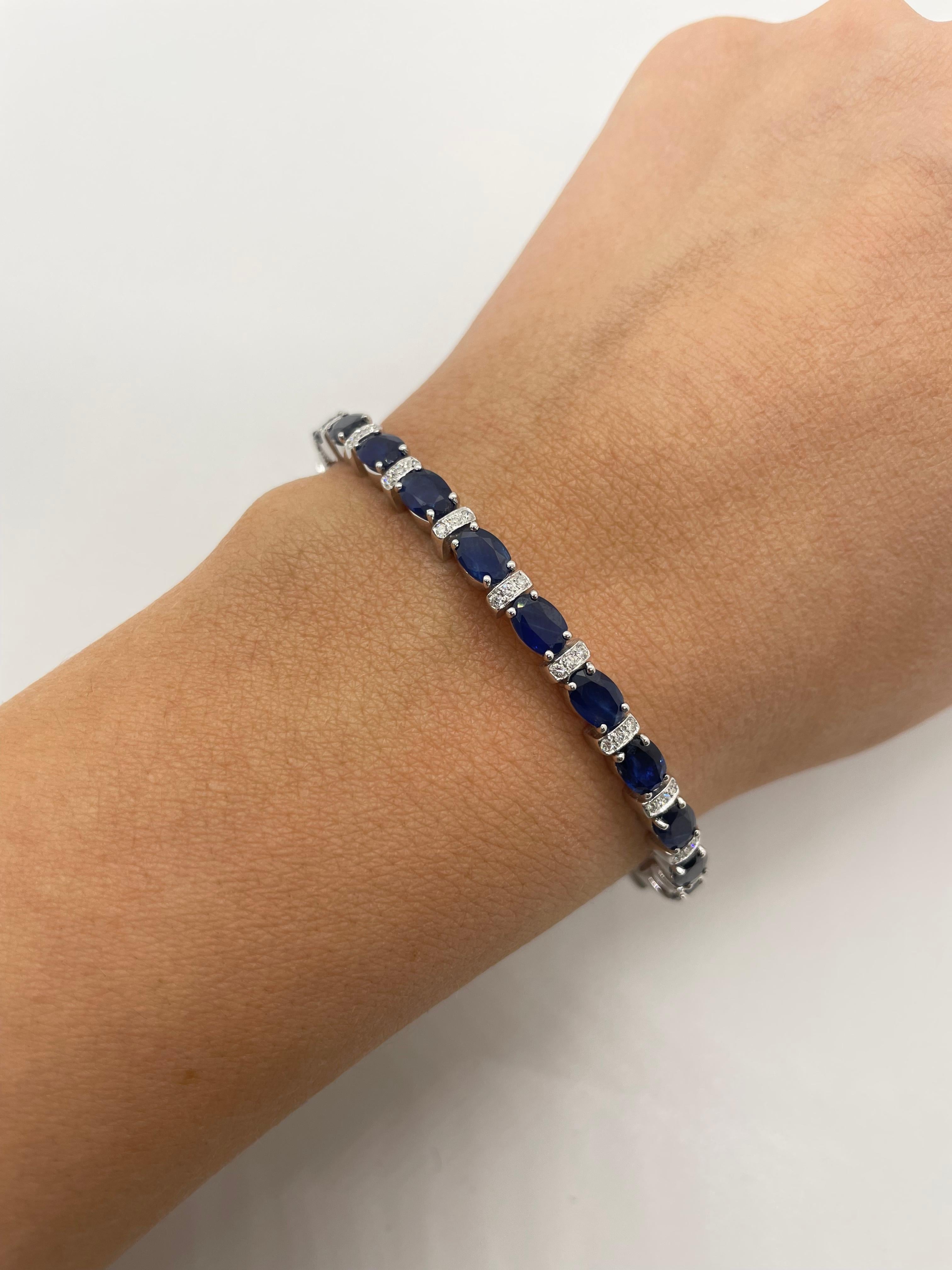 Women's Thin Sapphire & Diamond Cuff Bracelet in 18k White Gold, Large For Sale