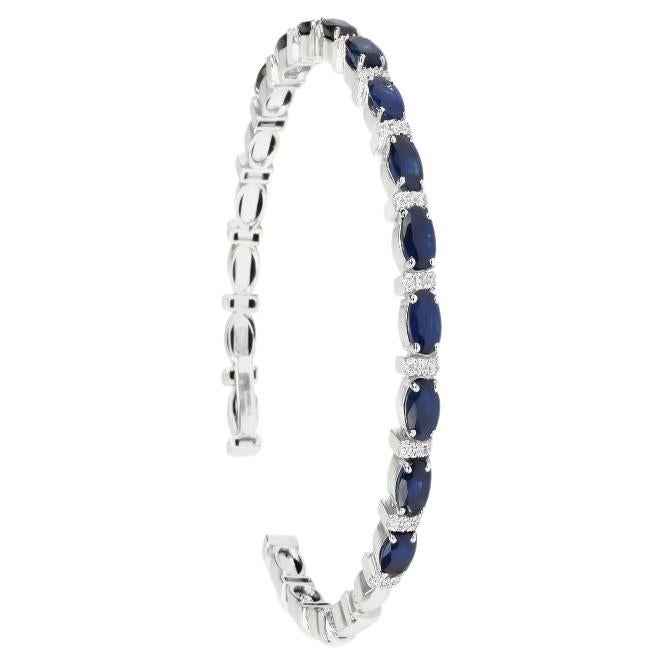 Thin Sapphire & Diamond Cuff Bracelet in 18K White Gold, Small For Sale