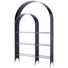 Thin Shelf Double in Contemporary Blackened Steel and Clear Glass