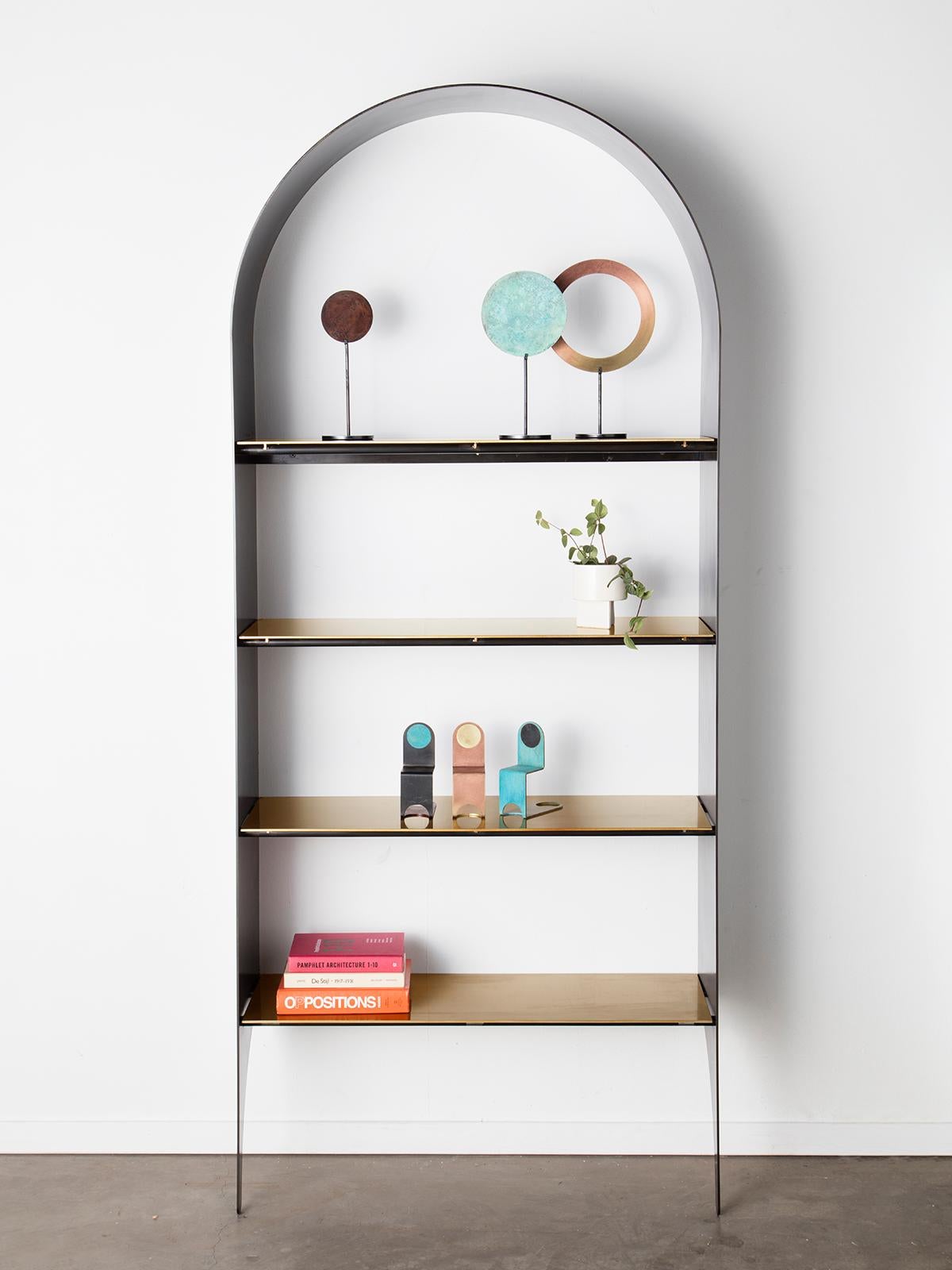 Modern Thin Shelf Single in Contemporary Blackened Steel and Steel Inset Shelves For Sale
