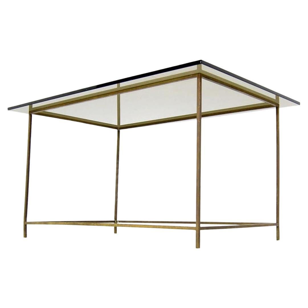 Thin Solid Brass Base Mid-Century Modern Glass Top Table For Sale