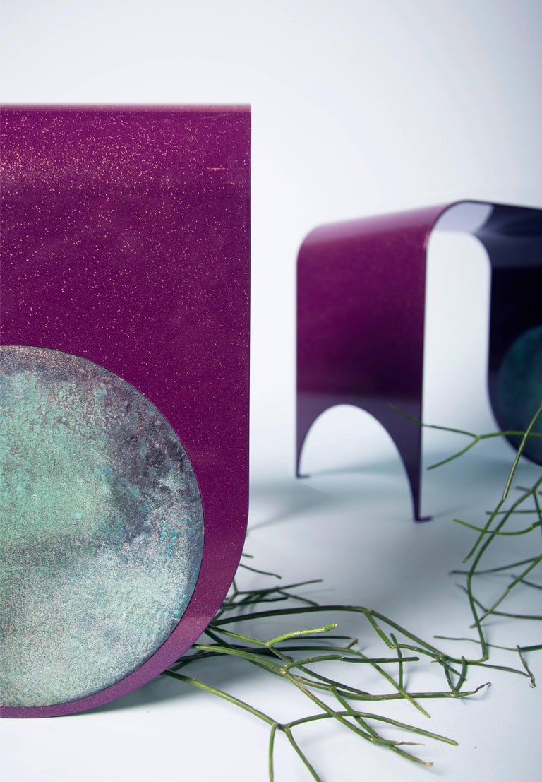 Thin Stool in Contemporary PowderedCoated Steel with a Brass Patina