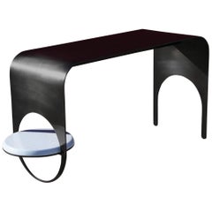 Thin Table 2 in Contemporary Blackened Steel with Blue Marble Shelf