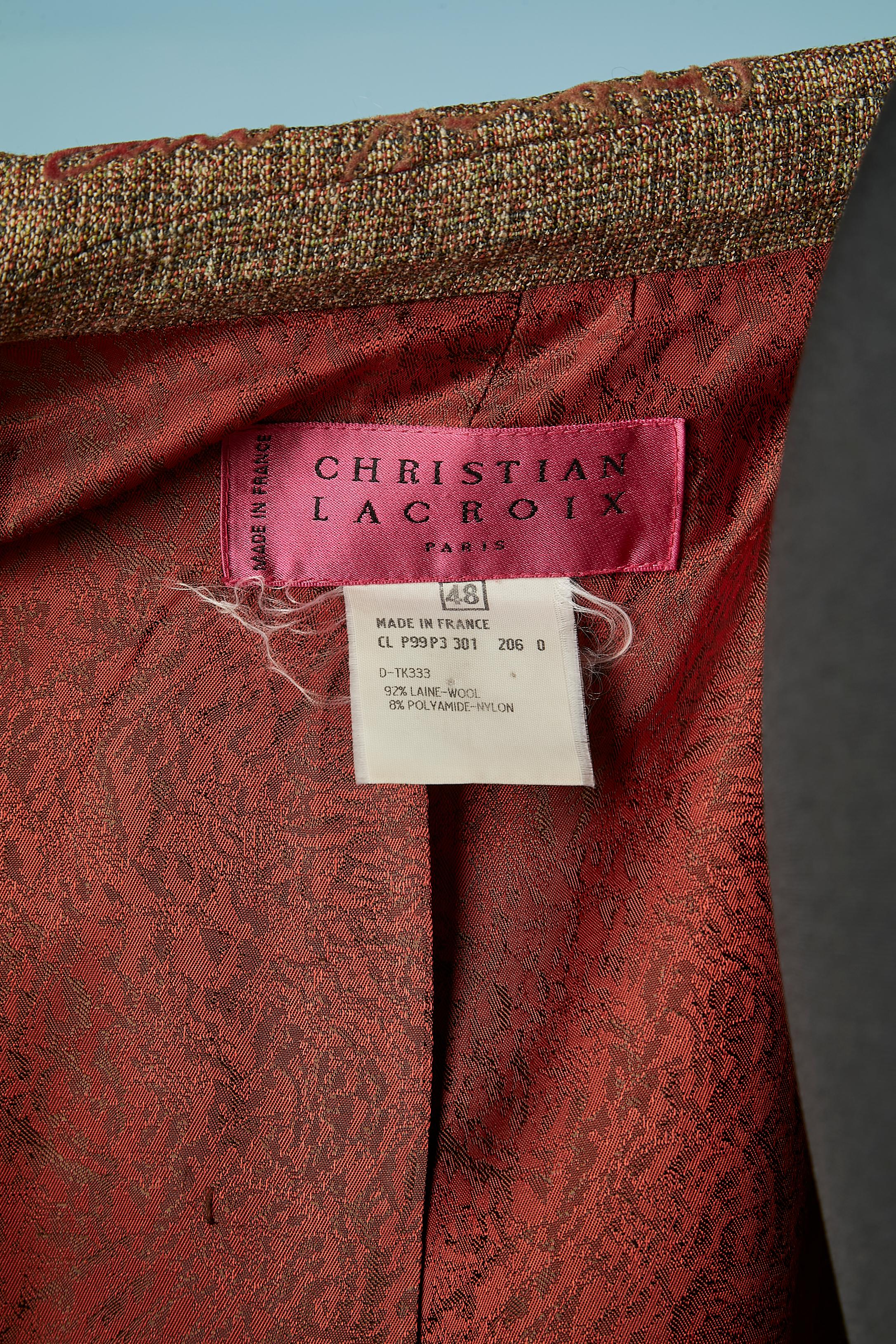 Thin tweed wool double breasted jacket with felt pattern Christian Lacroix  For Sale 1