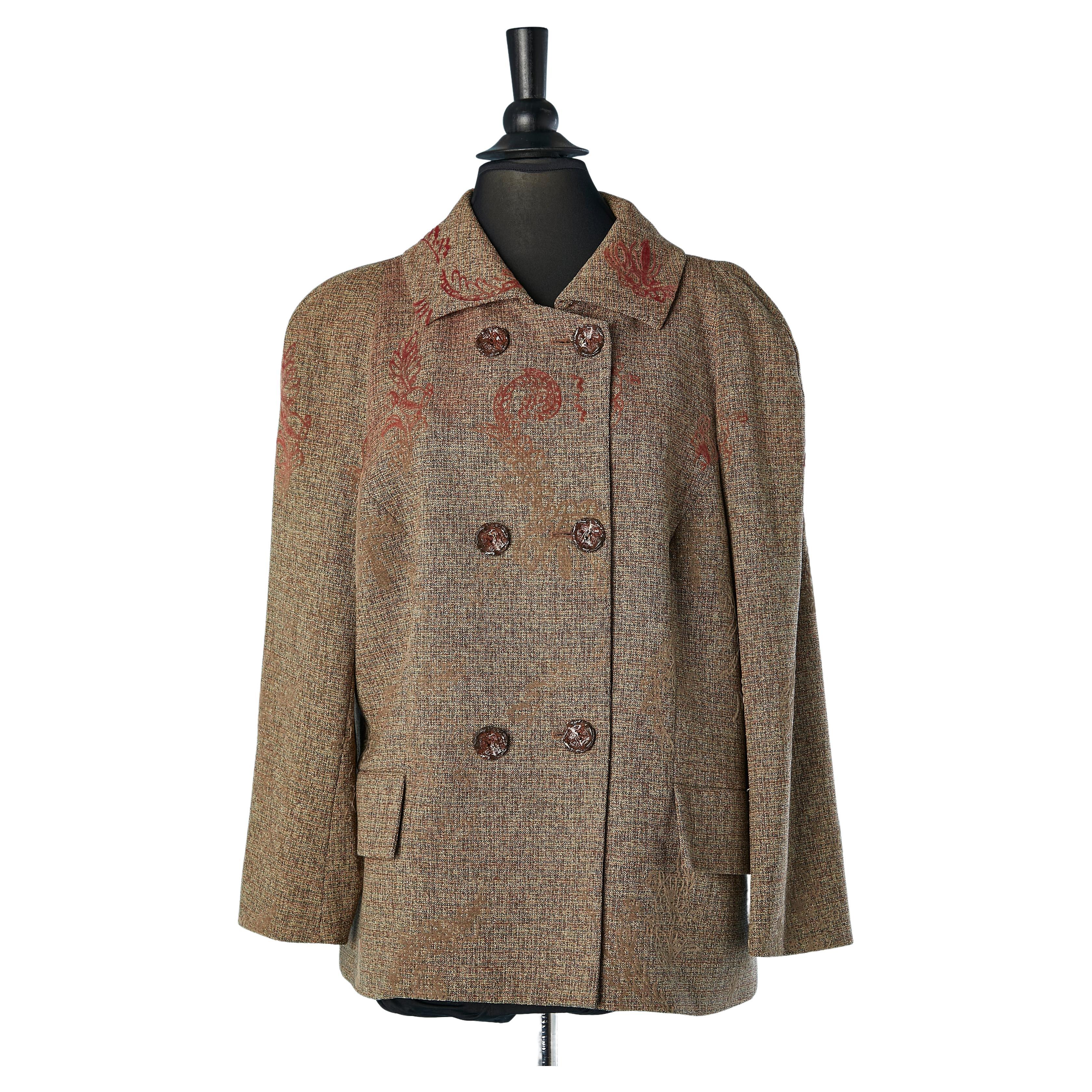 Thin tweed wool double breasted jacket with felt pattern Christian Lacroix  For Sale