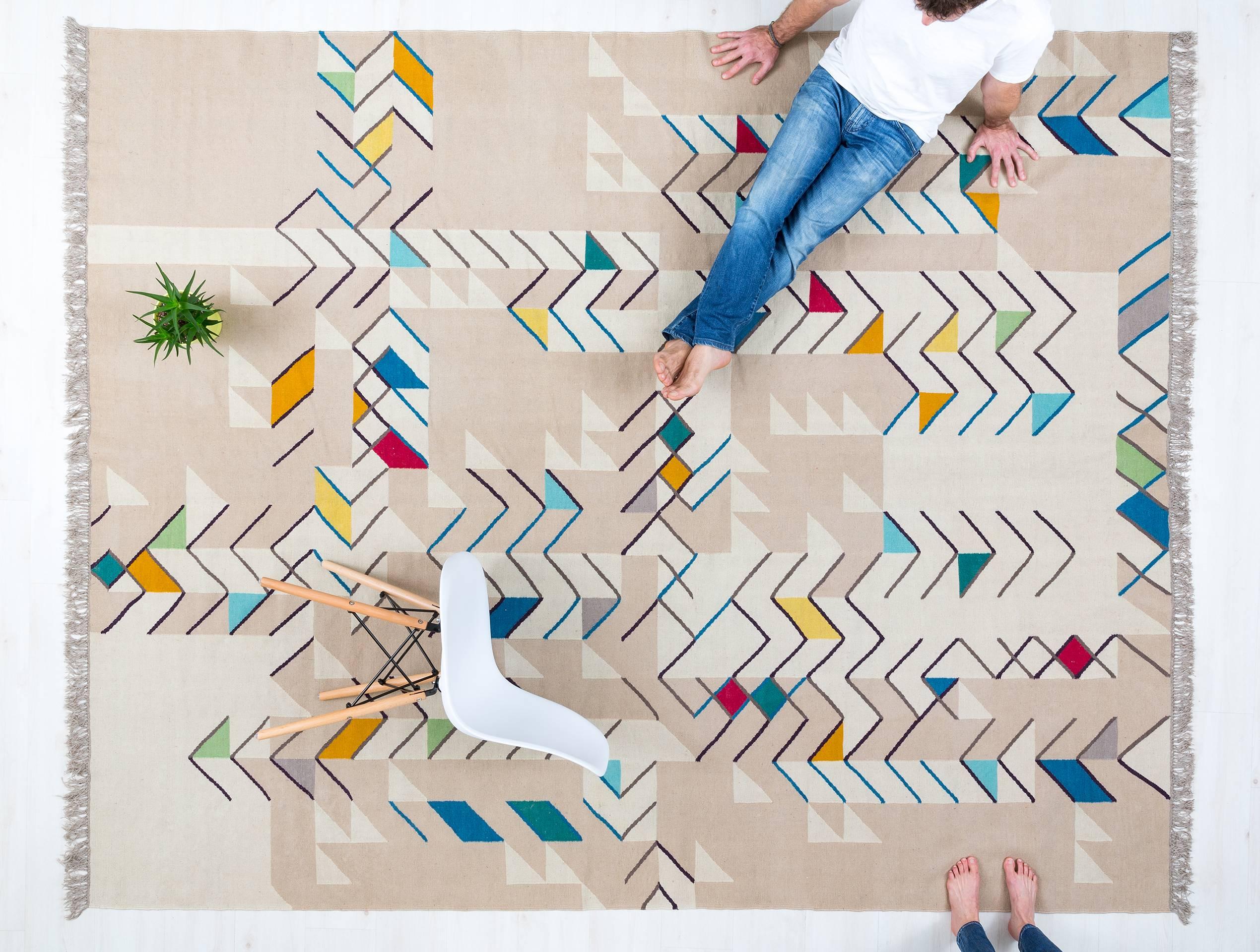 This is an open edition Kilim rug, woven by Odabashian's network of family-owned weavers near Mirzapur, India with the finest New Zealand wool. The design was created by Miami based artist, Johanna Boccardo for Zona Maco Contemporary Art Fair 2016.