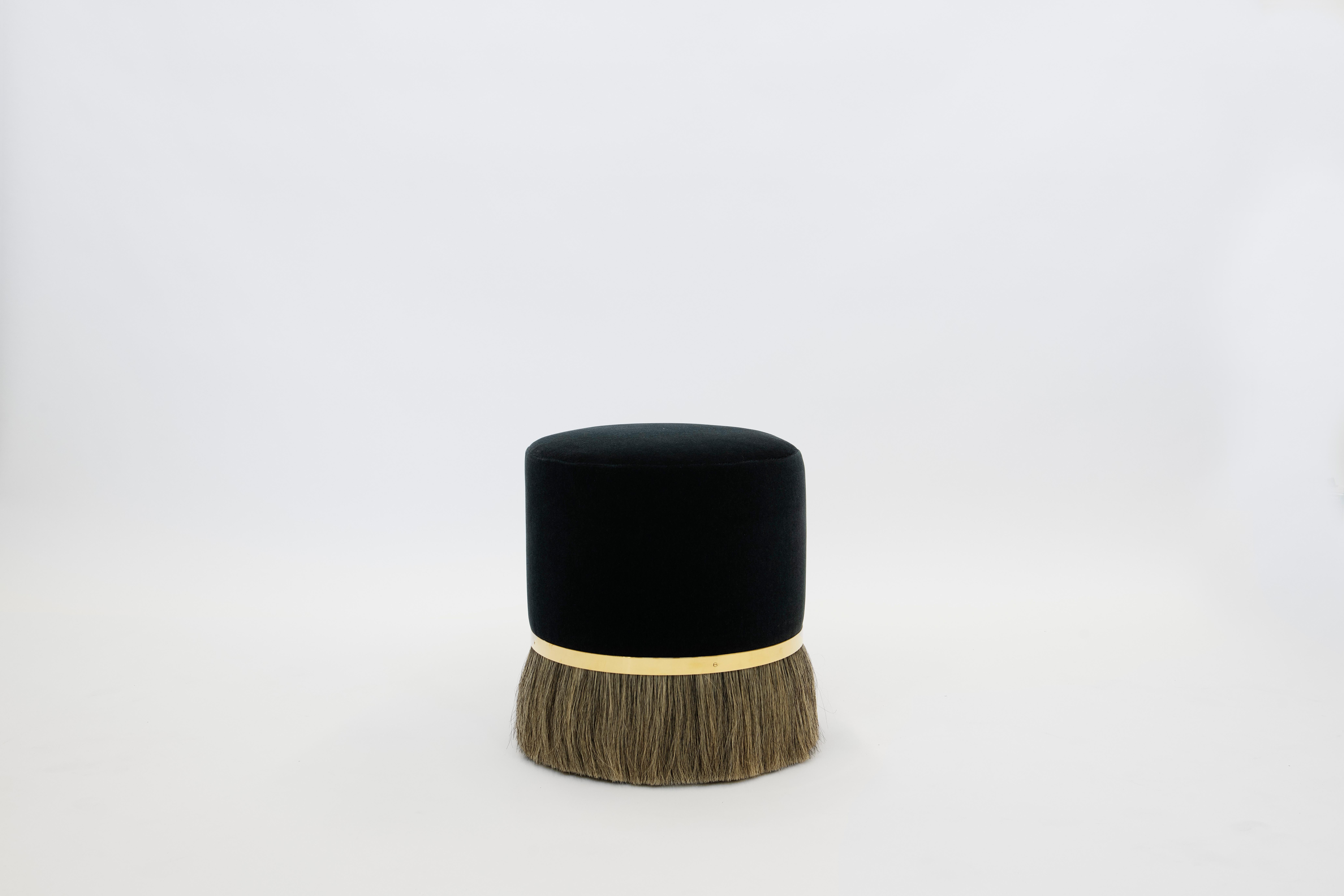 Contemporary Thing 3 Stool with Horse Hair, Polished Brass and Velvet (IN STOCK)