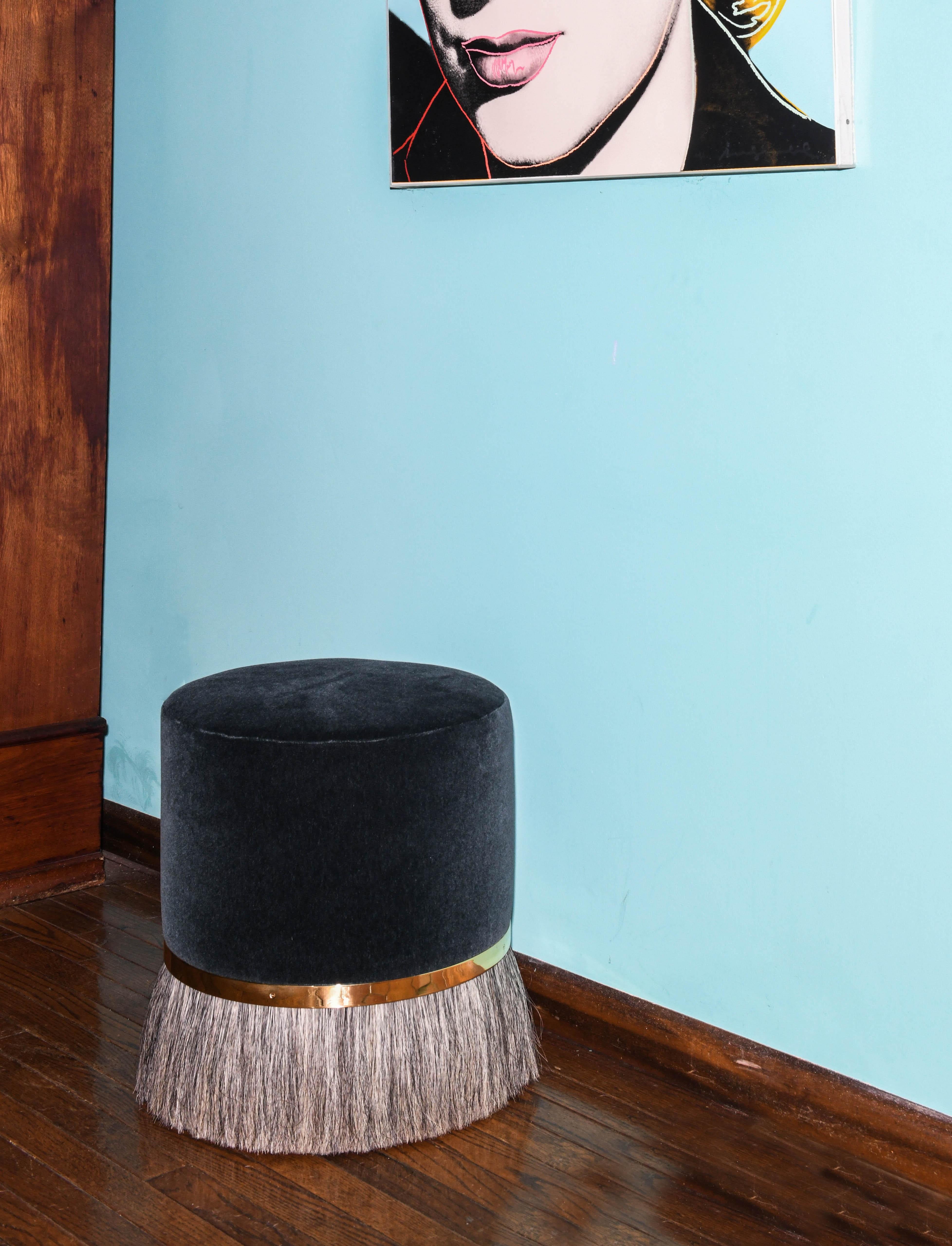 Contemporary 2 Thing 3 Stool with Horse Hair, Brass and Mohair
