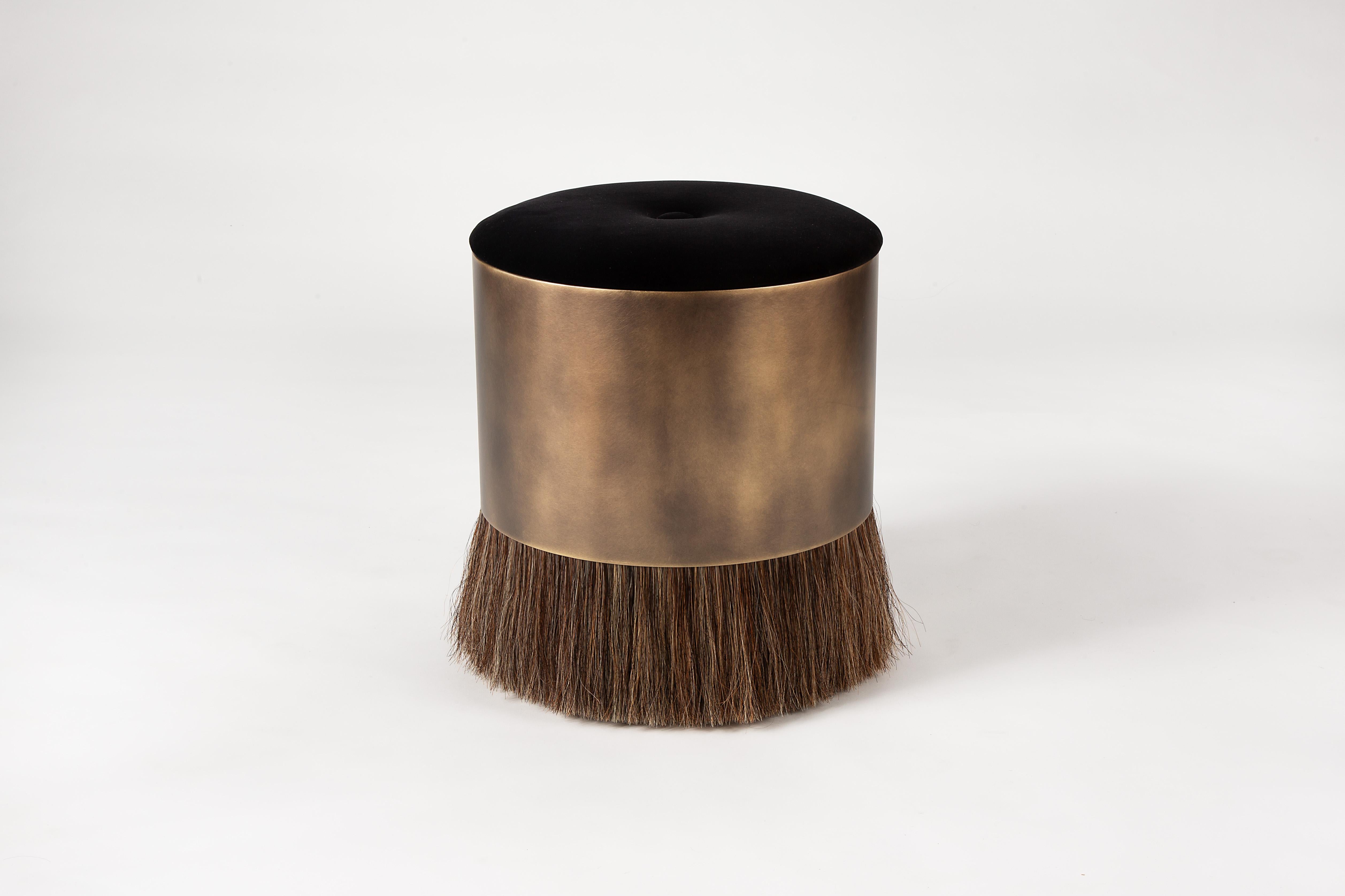 The Thing 4 Stool features a luxuriously upholstered top, a brass-plated steel drum and horse hair. Refined yet wild, Konekt's signature Thing Stools are available in four different styles. 

The Thing 4 is available on a made to order basis with