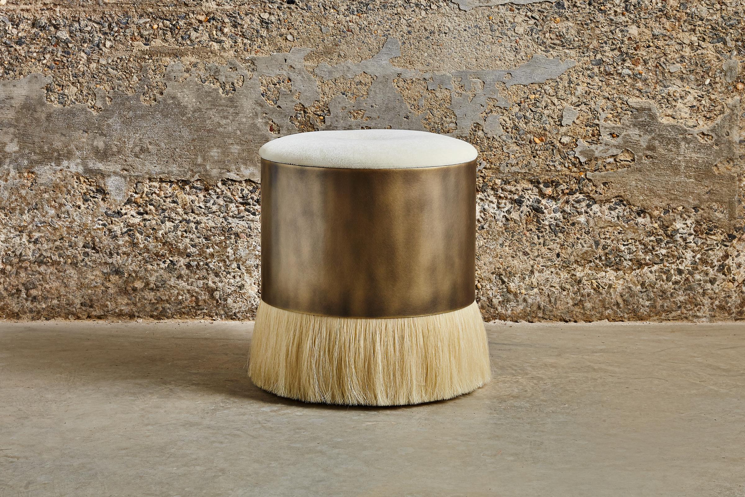 The Thing 4 features a luxuriously upholstered top, a brass-plated steel drum and horse hair. Refined yet wild, Konekt's signature Thing Stools are available in four different styles. 

The Thing 4 is available on a made to order basis with your