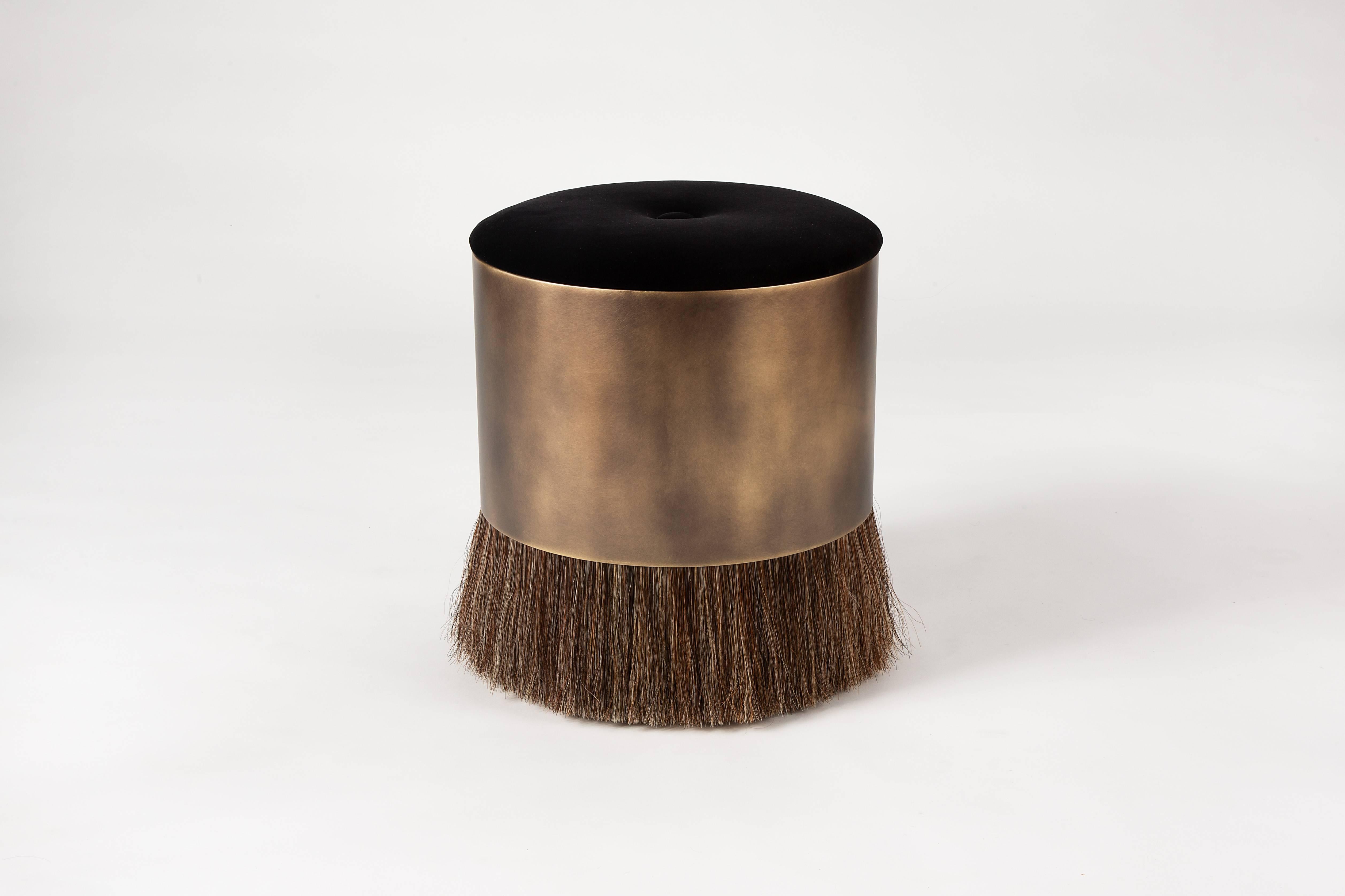 Steel Konekt Thing 4 Stool with Satin Brass, Horse Hair and Velvet For Sale