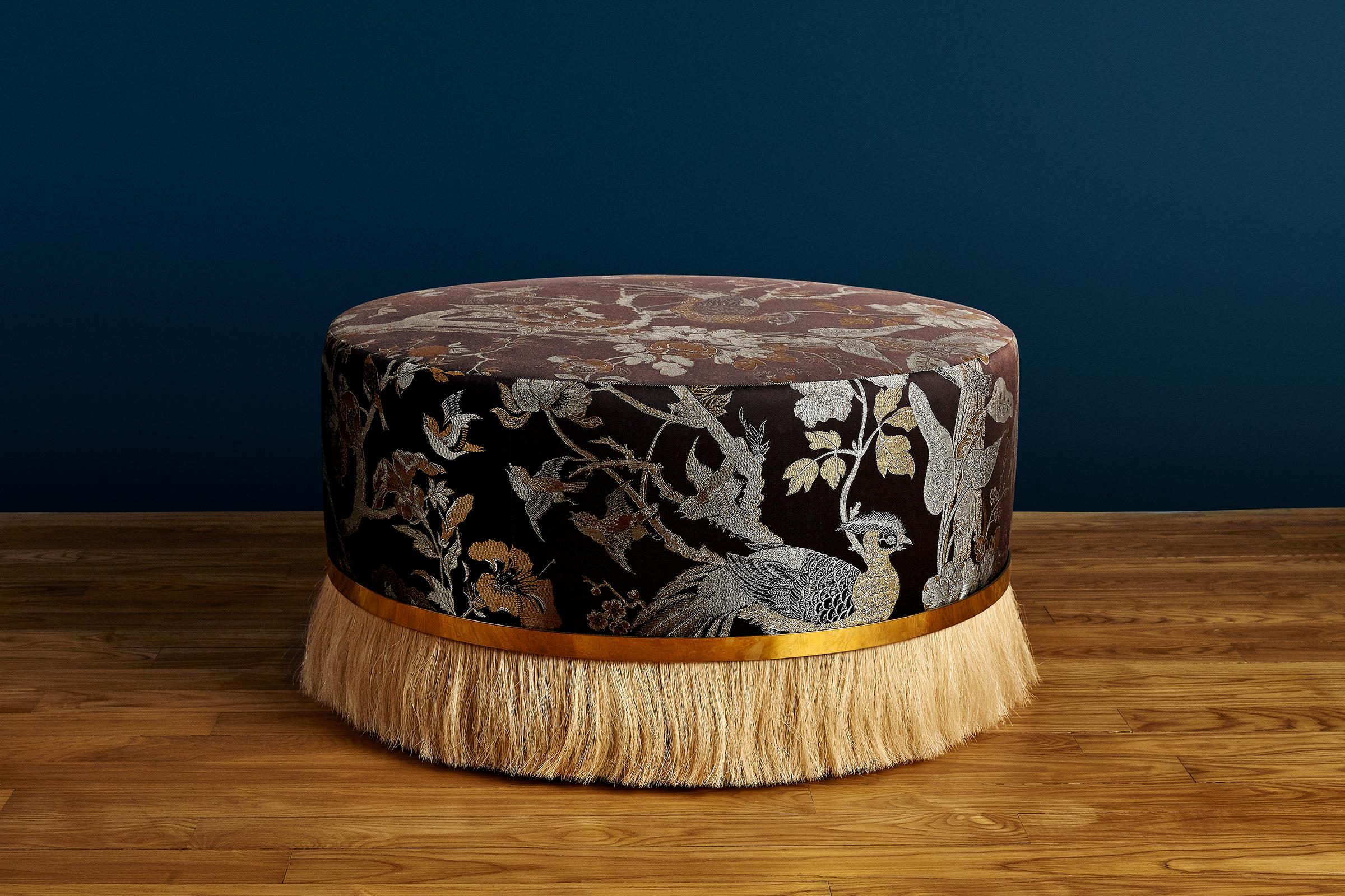 A larger version of our 'Thing Stool', the 'Thing Ottoman' features a luxuriously upholstered top, accented with the warmth of brass and the coarseness of horse hair.

This listing is for an in stock Thing Ottoman as pictured, with polished brass,