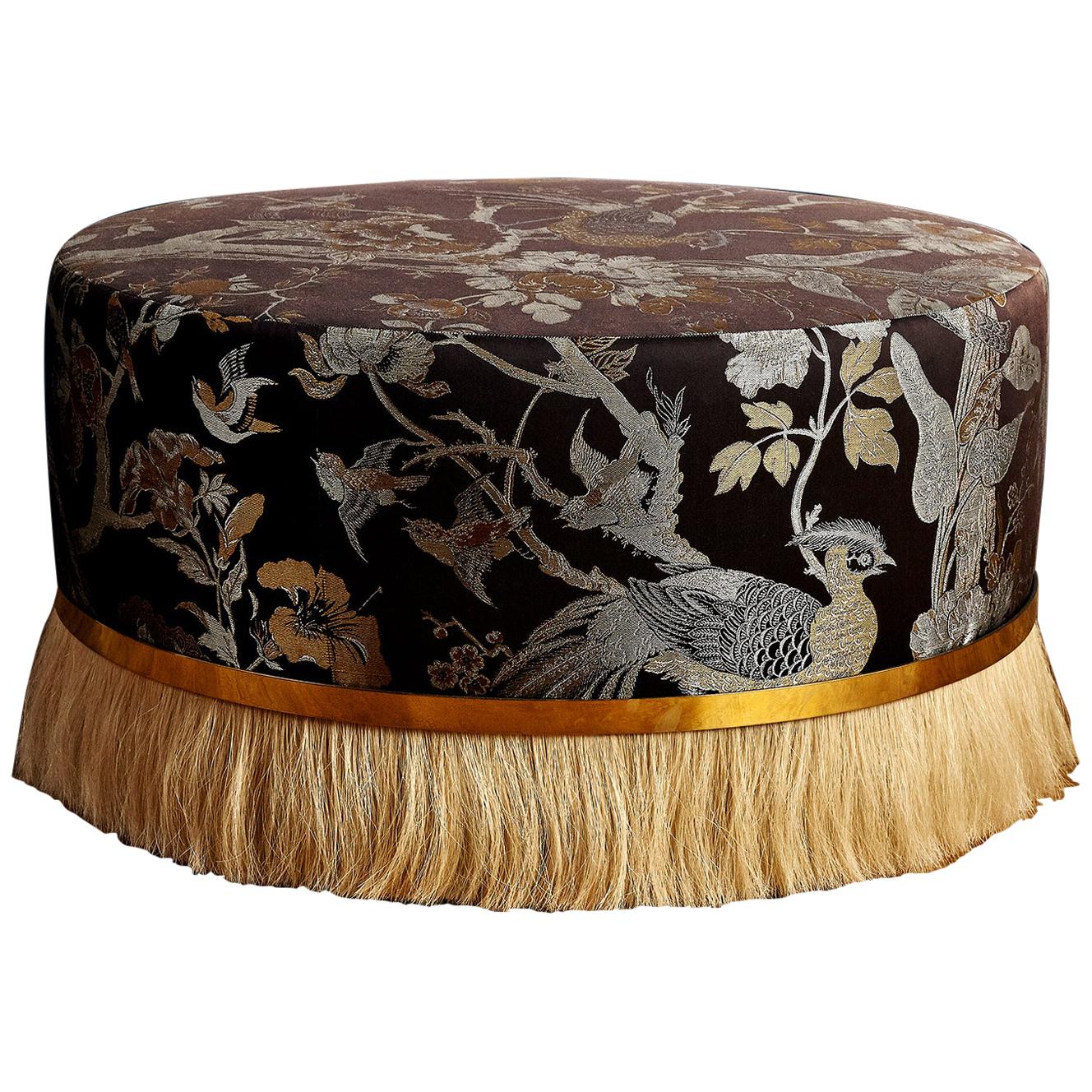 Thing Ottoman with Polished Brass, Dedar Silk Jacquard and Horse Hair (IN STOCK) For Sale