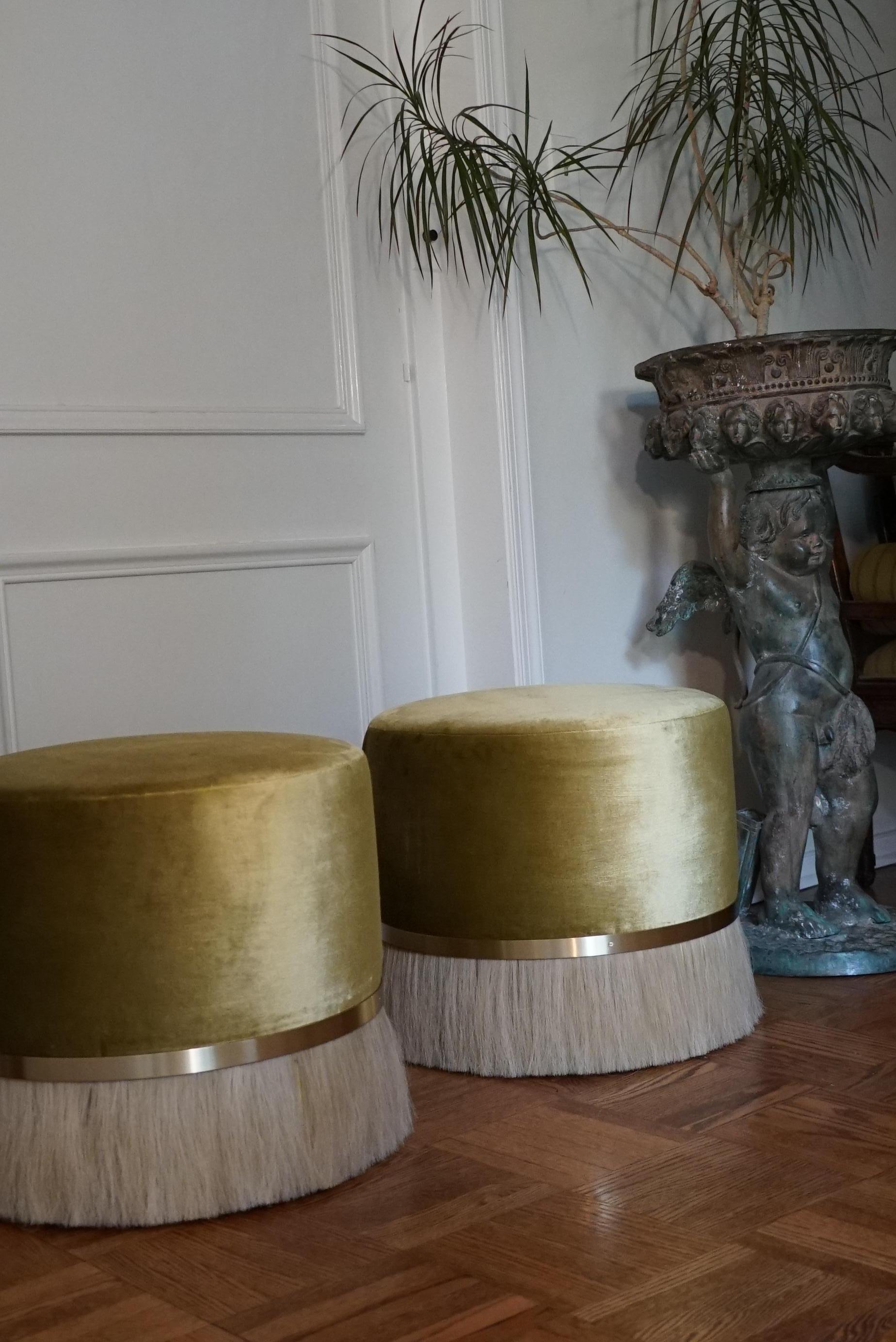 Konekt Thing Ottoman Round with Polished Brass, Horse Hair, and Velvet For Sale 2