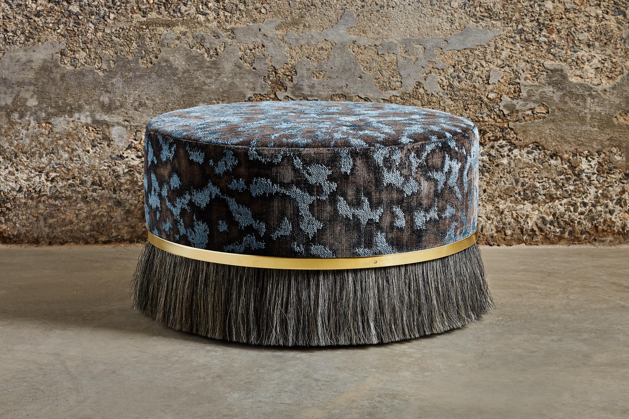 Contemporary Konekt Thing Ottoman Round with Polished Brass, Horse Hair, and Velvet For Sale