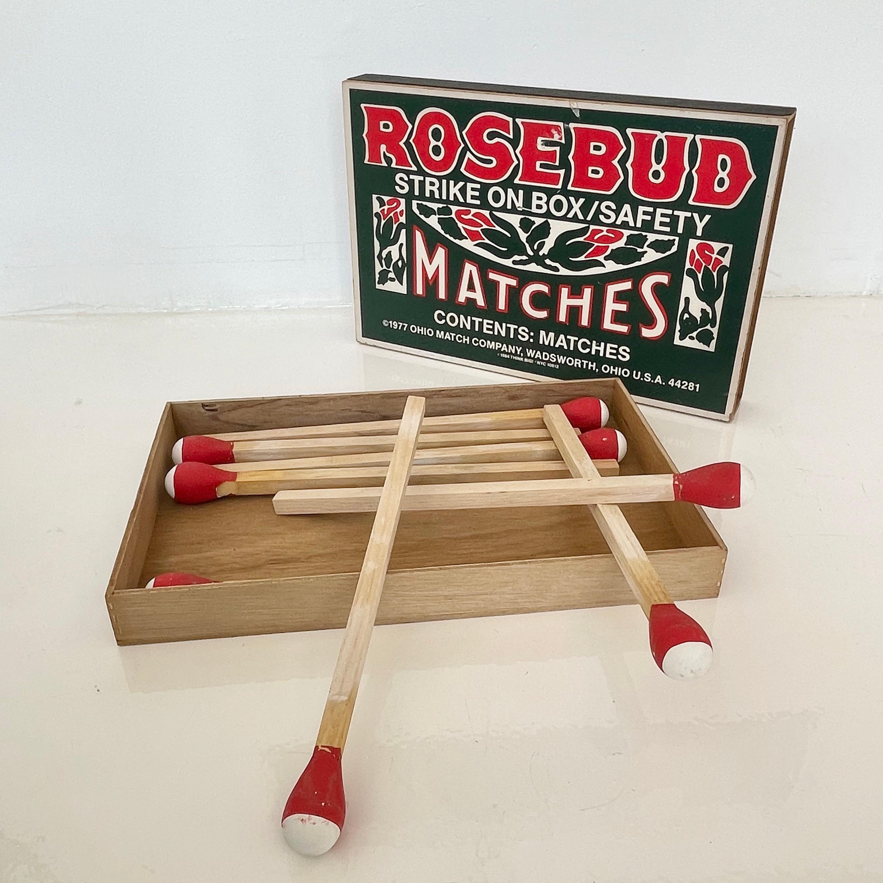 Fantastic set of oversized matches and matchbox, made by Think Big NYC in 1984. Set contains all 8 original matches. Box slides open as a normal matchbox would. Matches are removable. Surprisingly great condition for age with bright coloring and