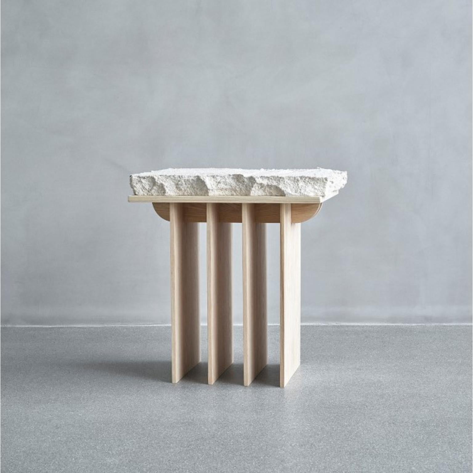 Thinking space side table and stool by Andredottir & Bobek
Dimensions: W 47 x D 32 x H 50 cm
Materials: Ash wood and reused foam/mattress and jesmontite hardner in color white ang green fade.

Our work aims to encourage art and design as