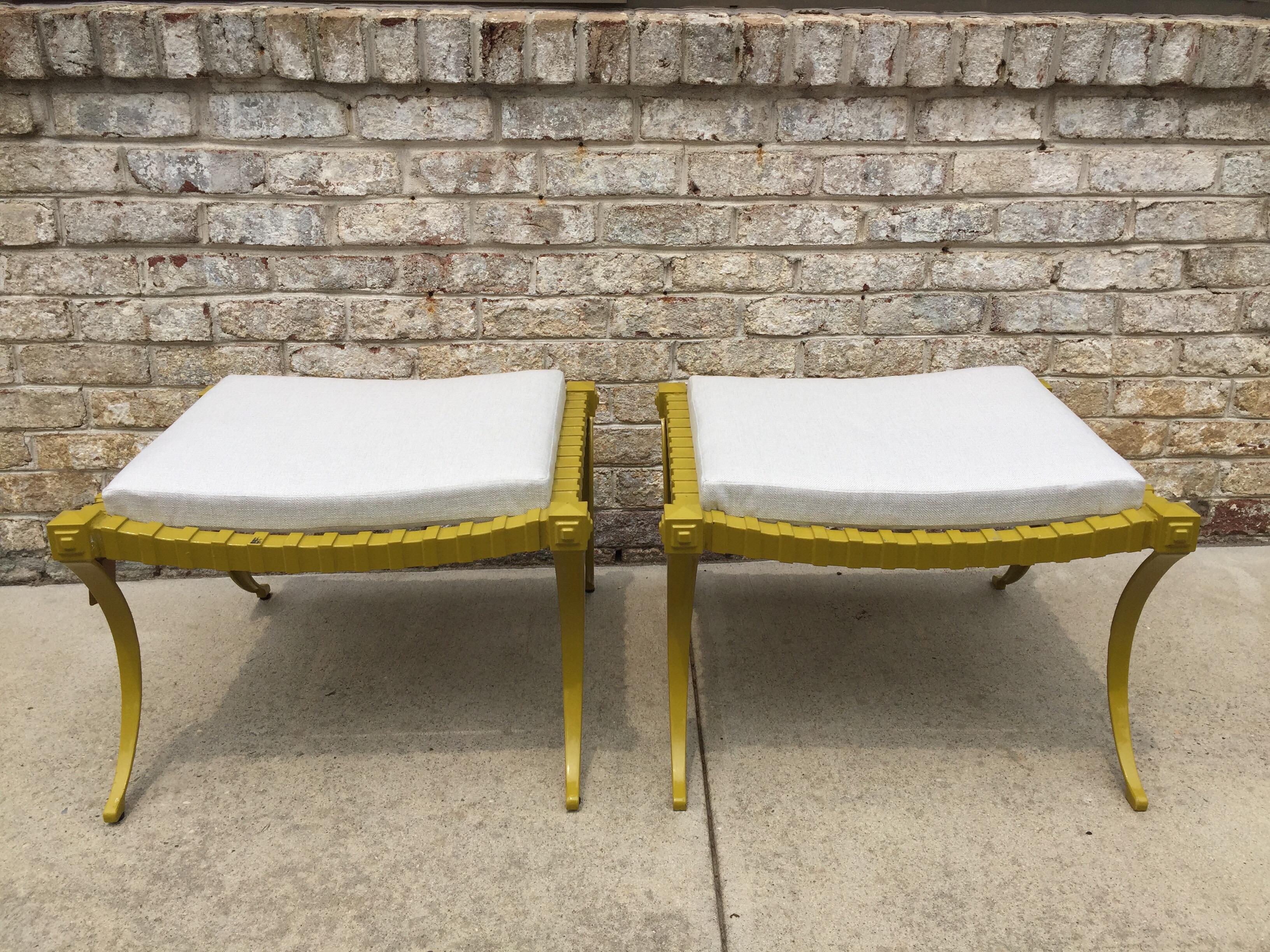 Set of 2 klismos style ottomans/ benches in aluminum by Thinline. Powder-coated in chartreuse color, with custom heavy woven linen cushion.
