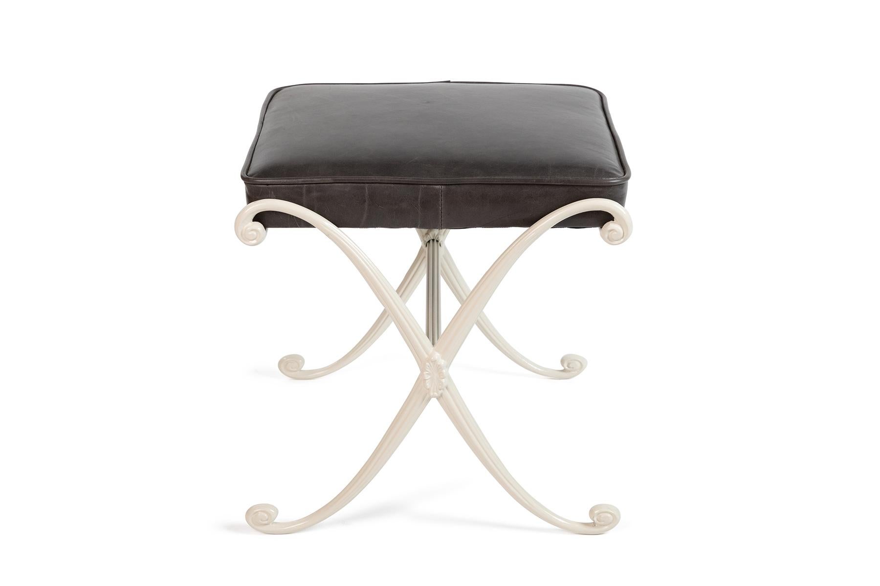 Mid-Century Modern Thinline Charcoal Leather and Aluminum Ottomans