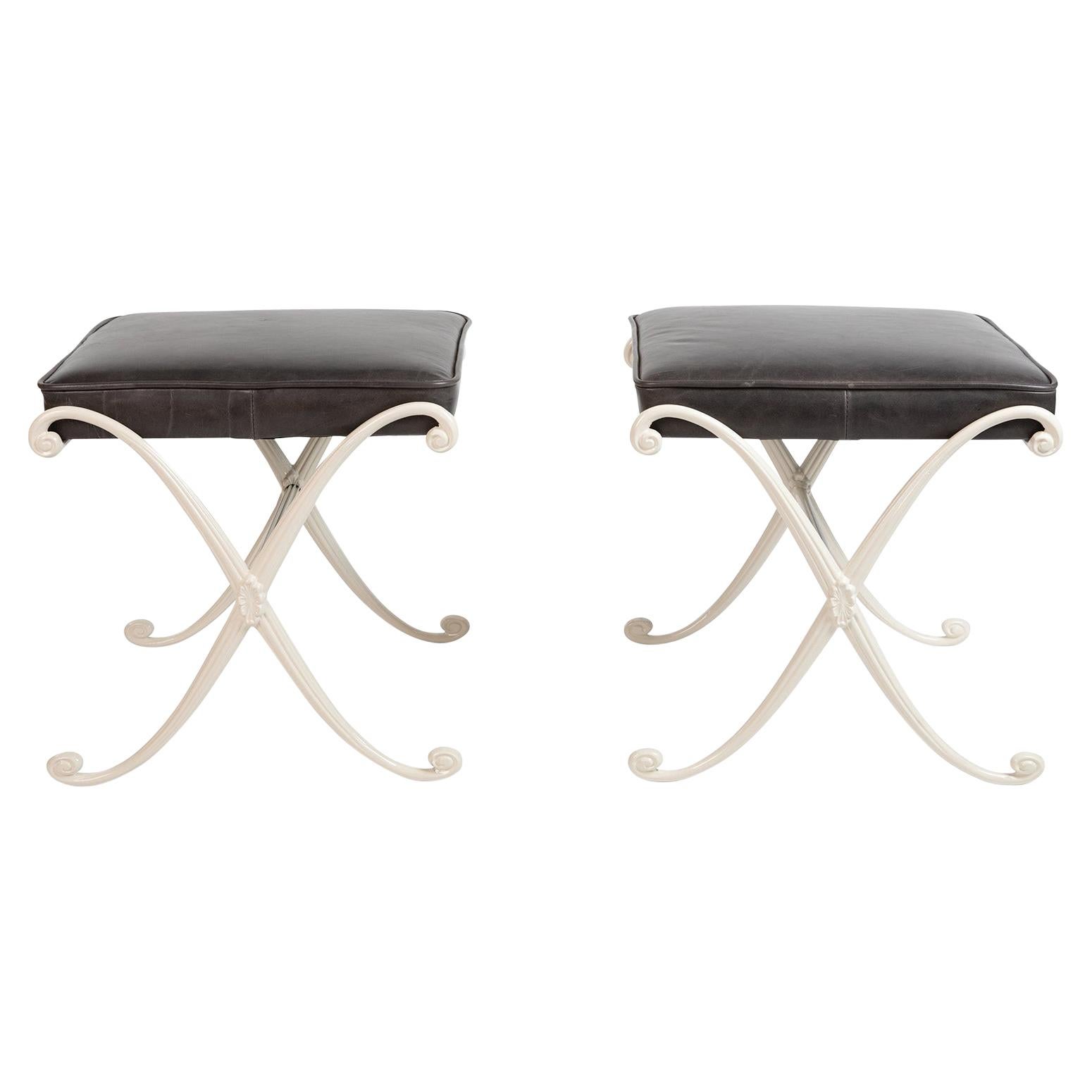 Thinline Charcoal Leather and Aluminum Ottomans