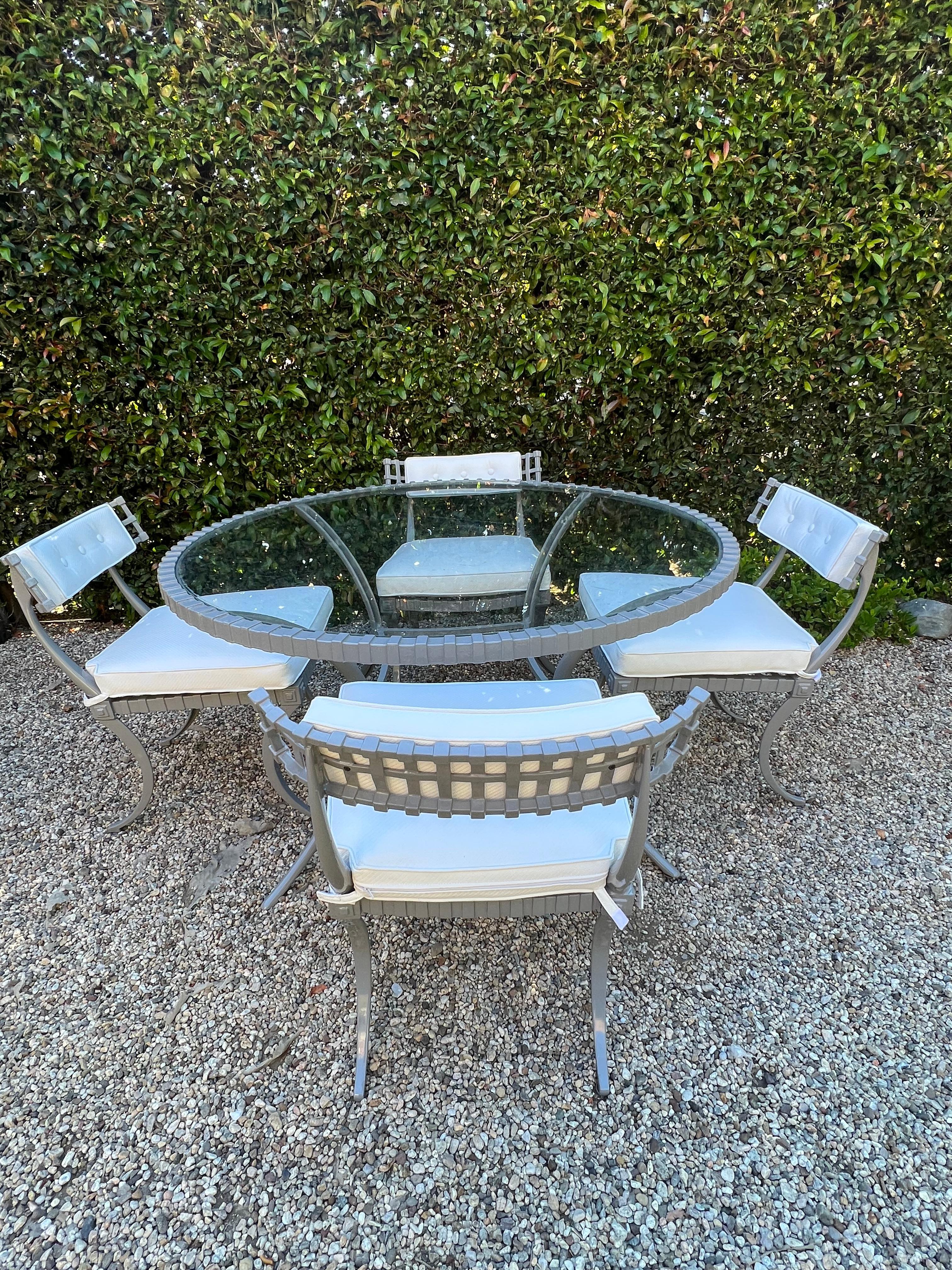 Thinline Mid-Century Table and Five Klismos Chairs in Gray and White For Sale 4