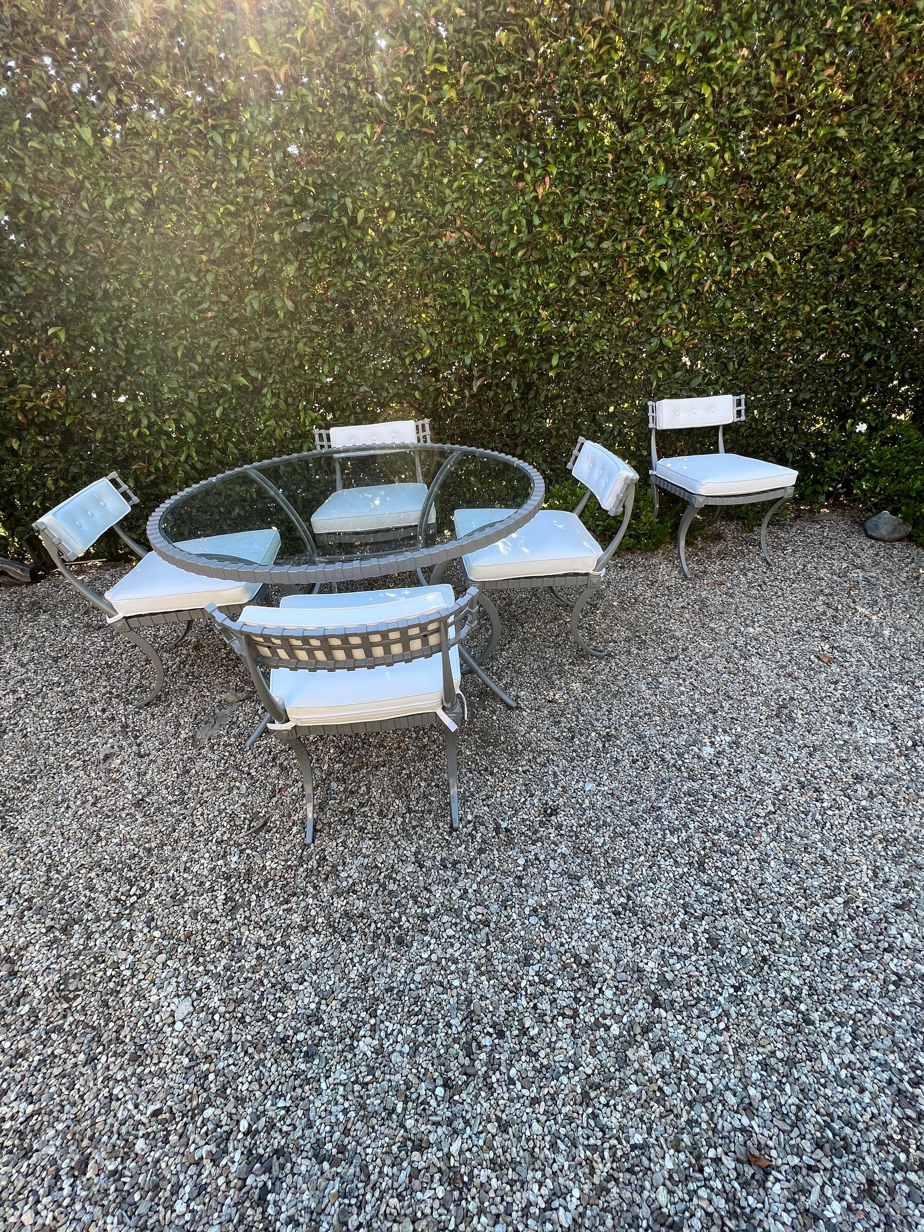 Thinline Mid-Century Table and Five Klismos Chairs in Gray and White For Sale 7