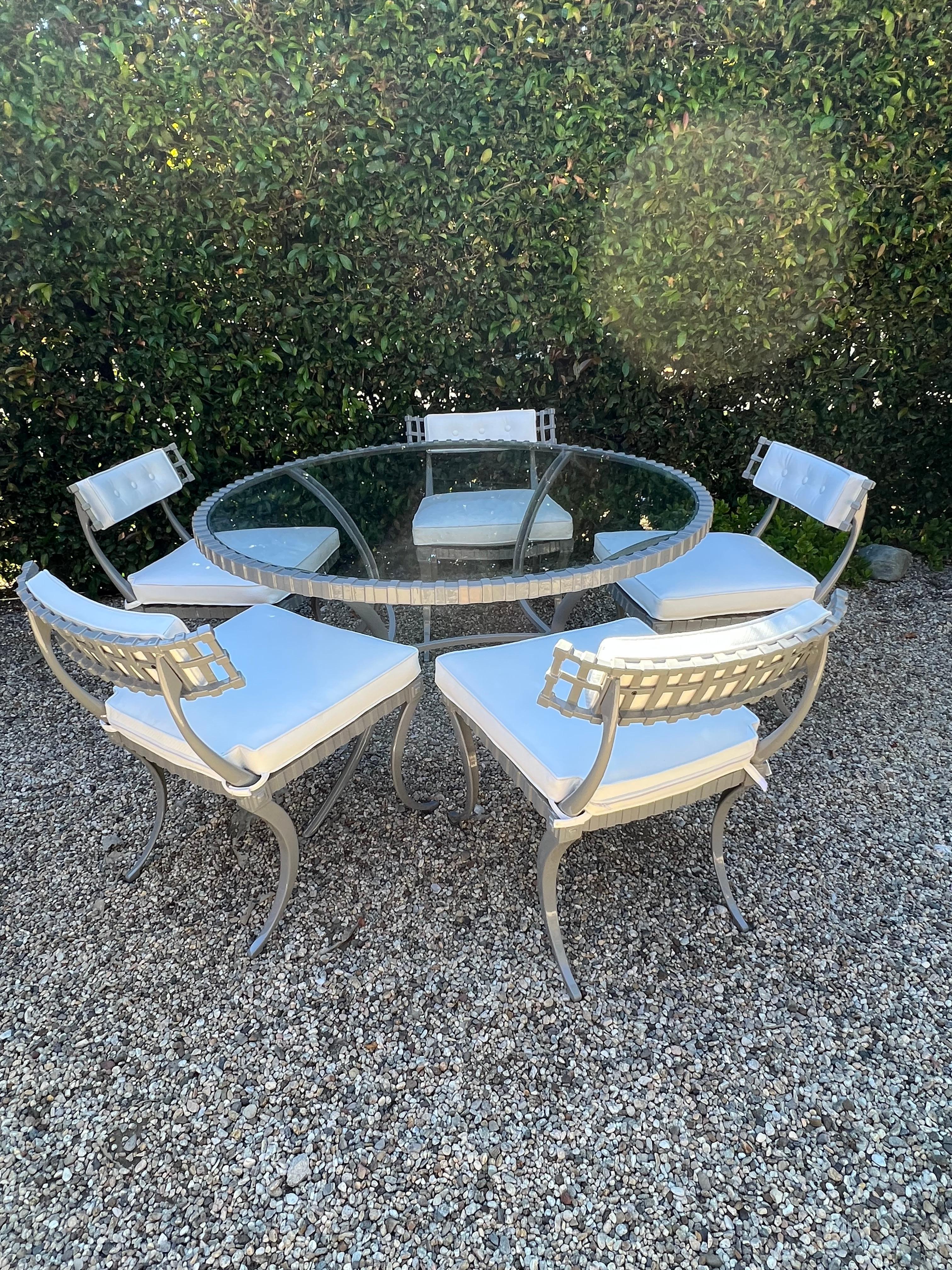 Aluminum Thinline Mid-Century Table and Five Klismos Chairs in Gray and White